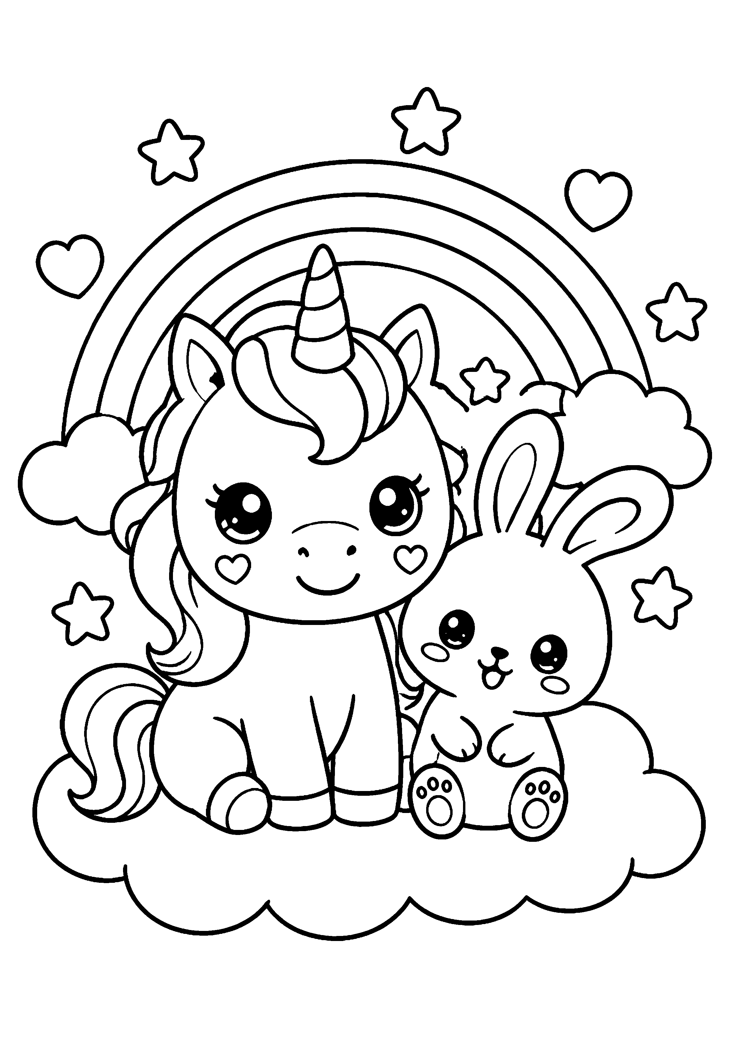 Coloriage licorne avec un petit chat sous un arc-en-ciel à imprimer gratuitement