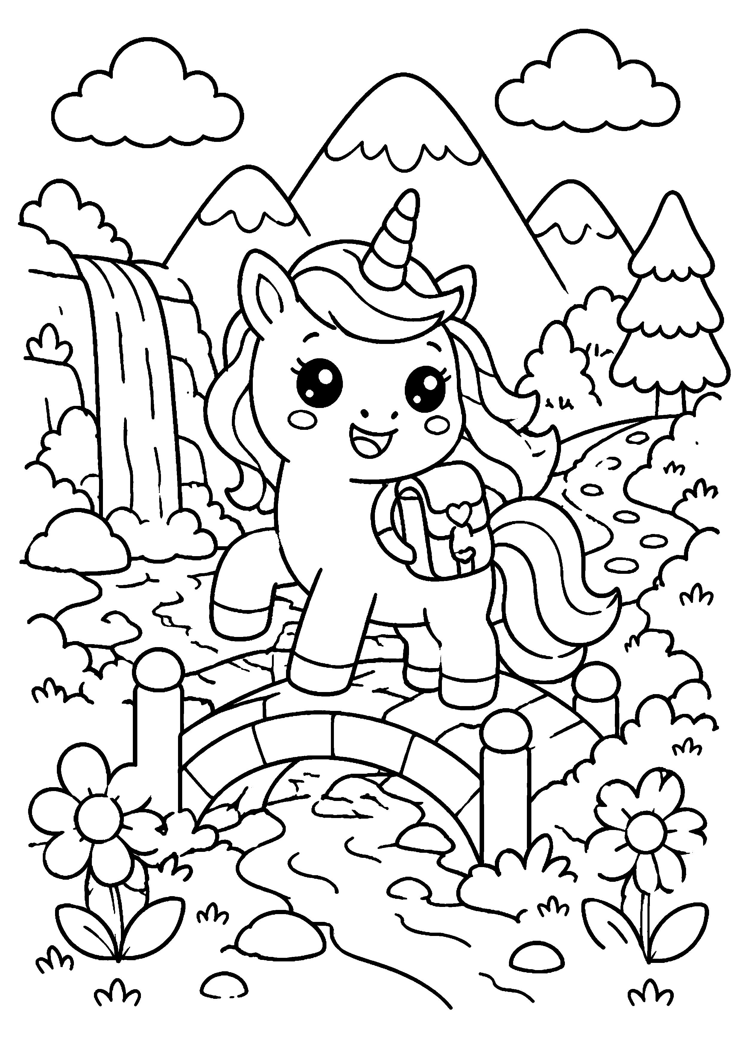Coloriage licorne sur un pont devant les montagnes à imprimer gratuitement