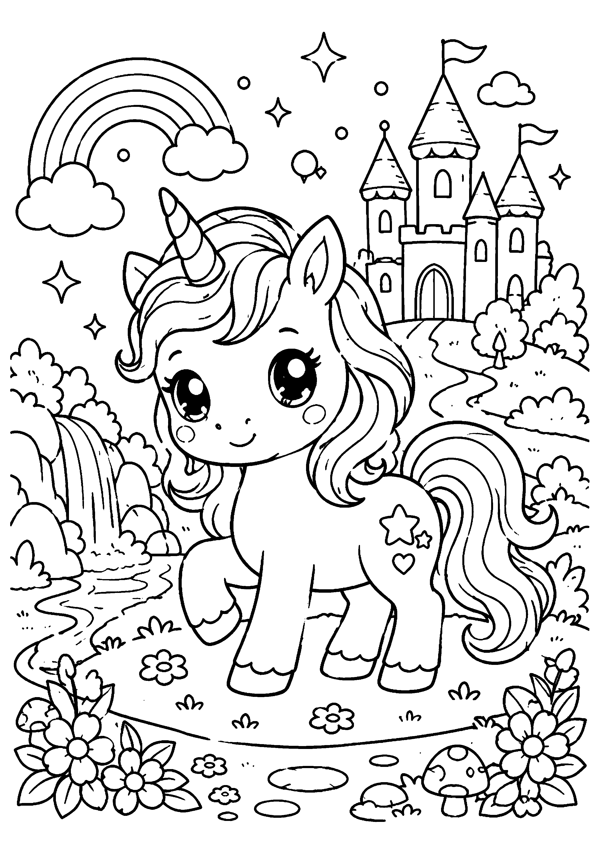 Coloriage licorne devant un château et un arc-en-ciel à imprimer gratuitement