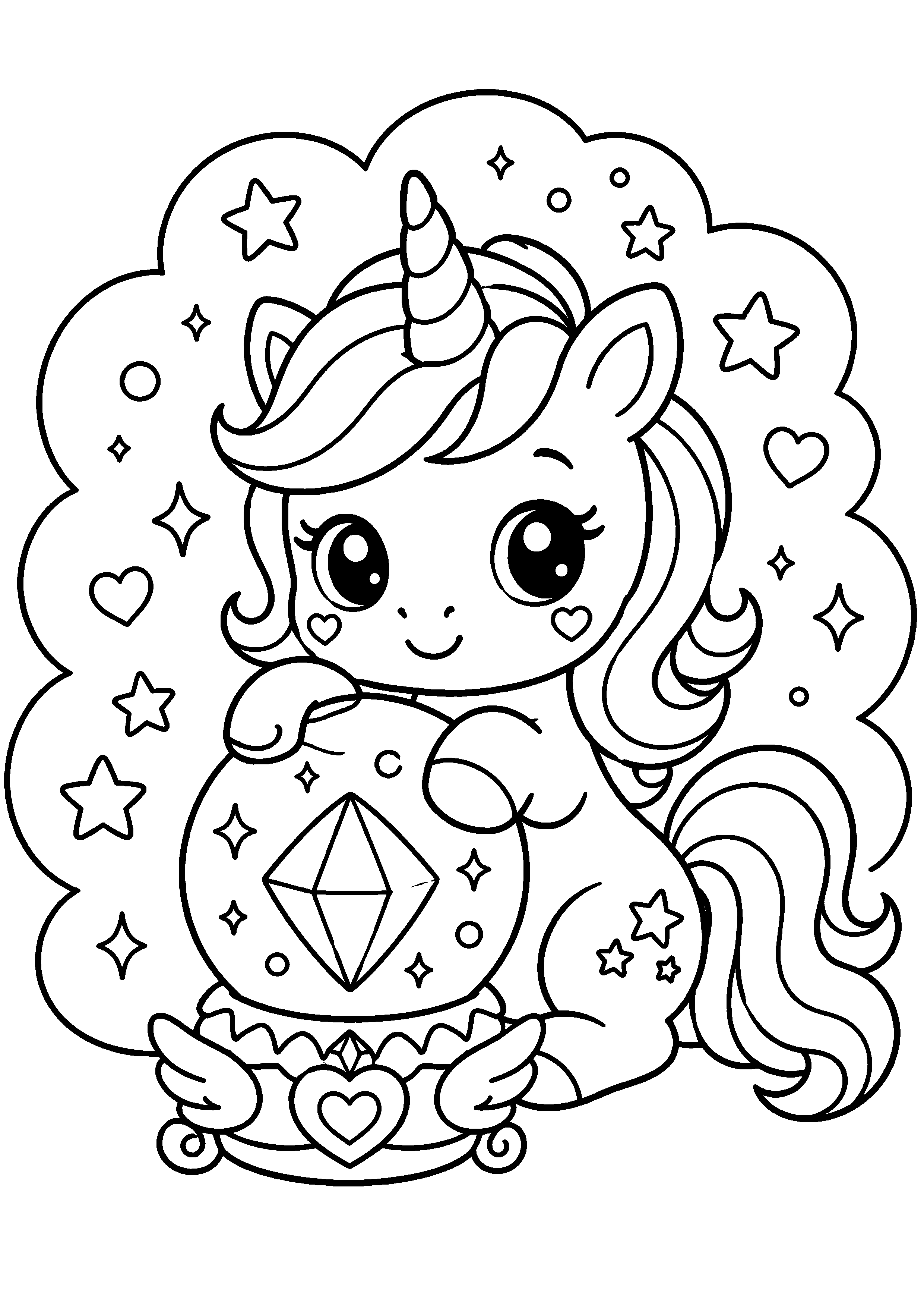 Coloriage licorne kawaii avec un cristal magique à imprimer gratuitement
