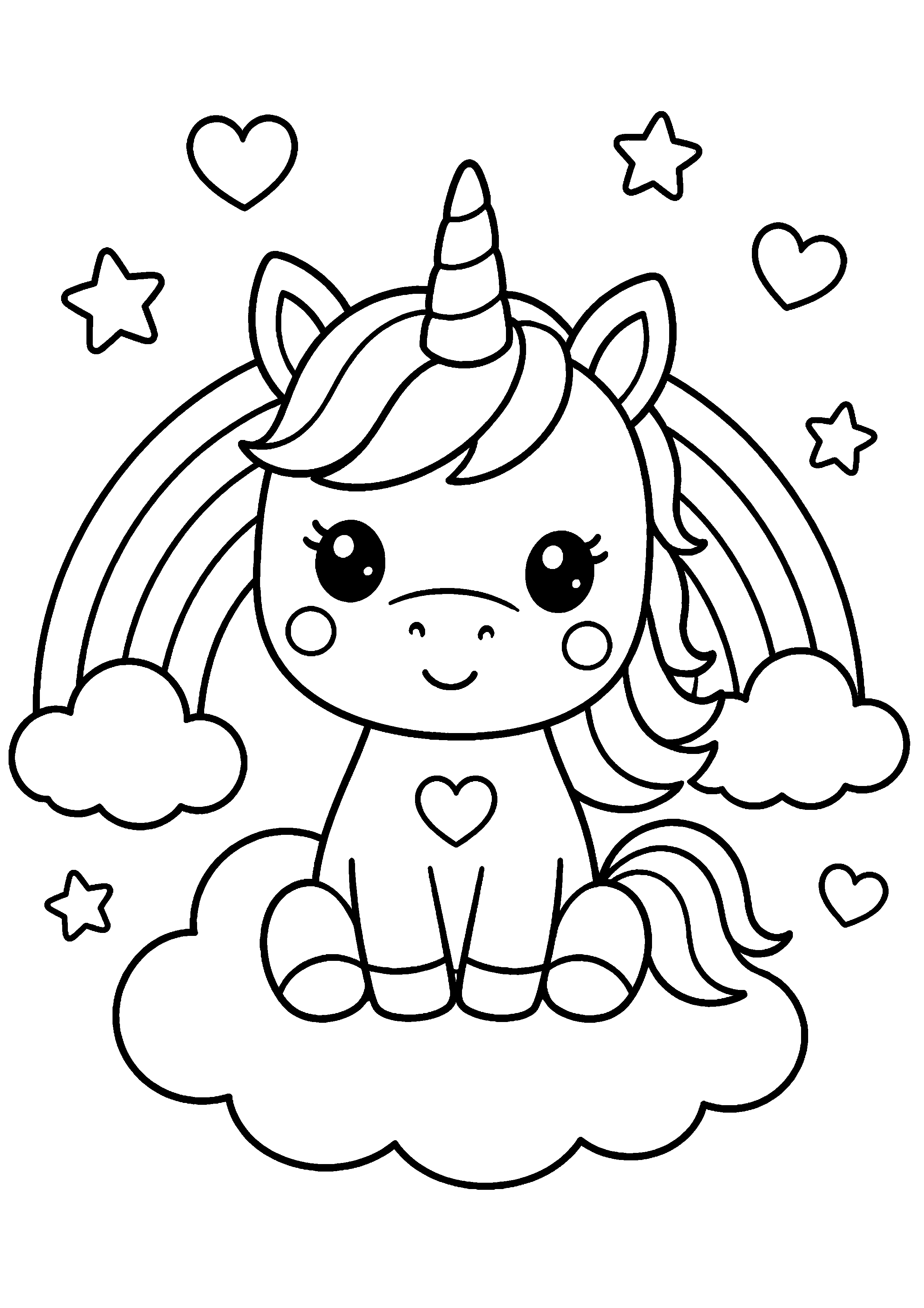 Coloriage licorne assise sous un arc-en-ciel à imprimer gratuitement
