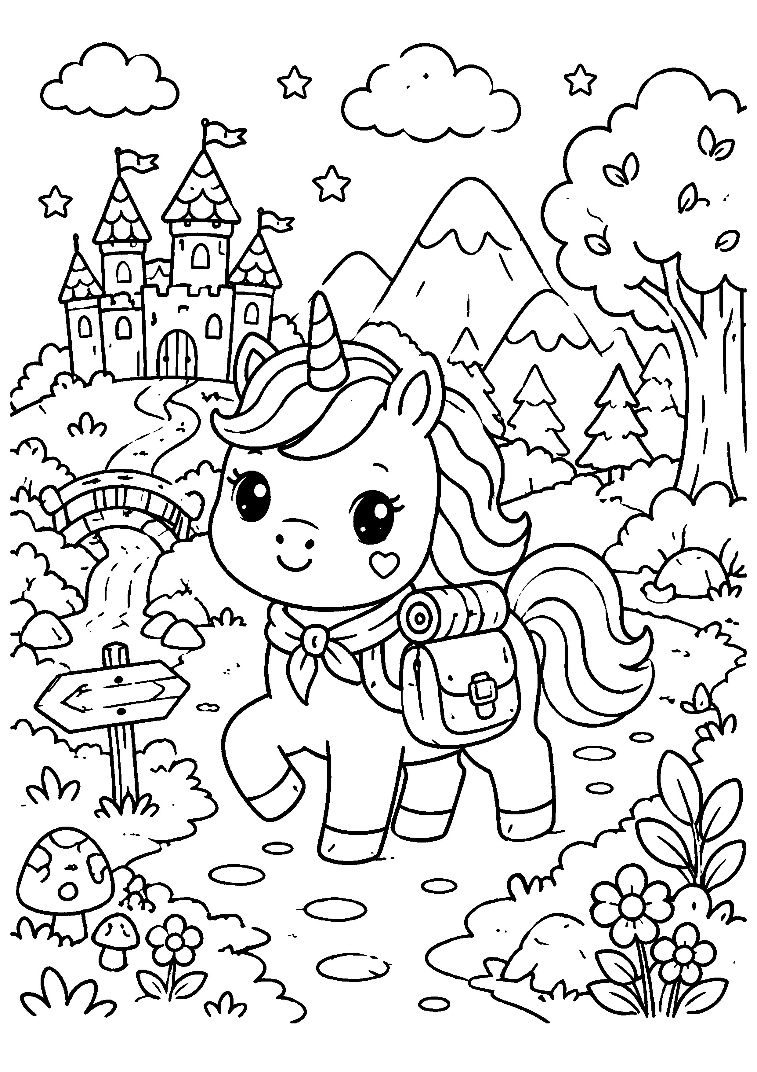 Coloriage licorne dans une vallée avec château et cascade à imprimer gratuitement