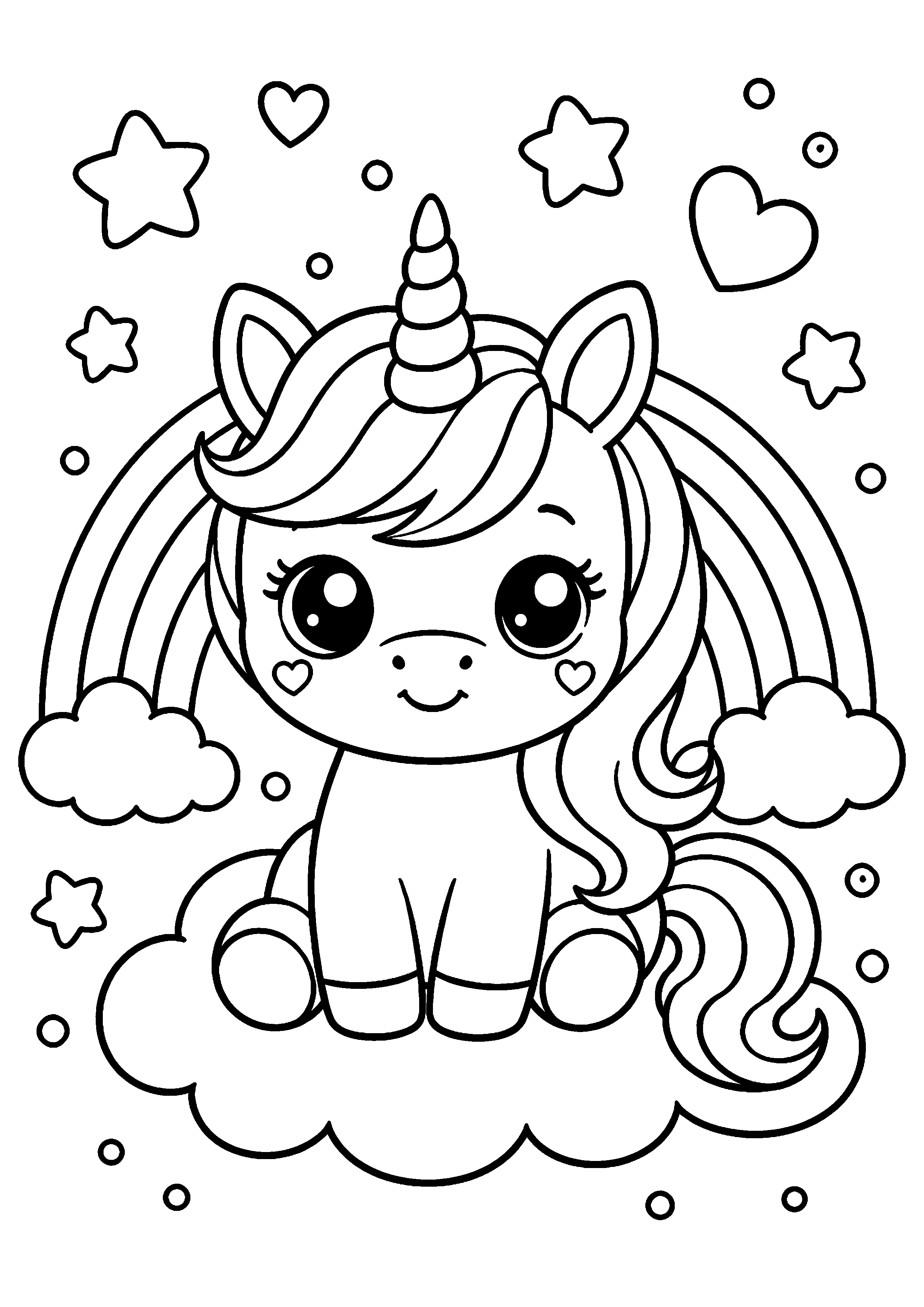Coloriage licorne kawaii sur un nuage avec des cœurs à imprimer gratuitement