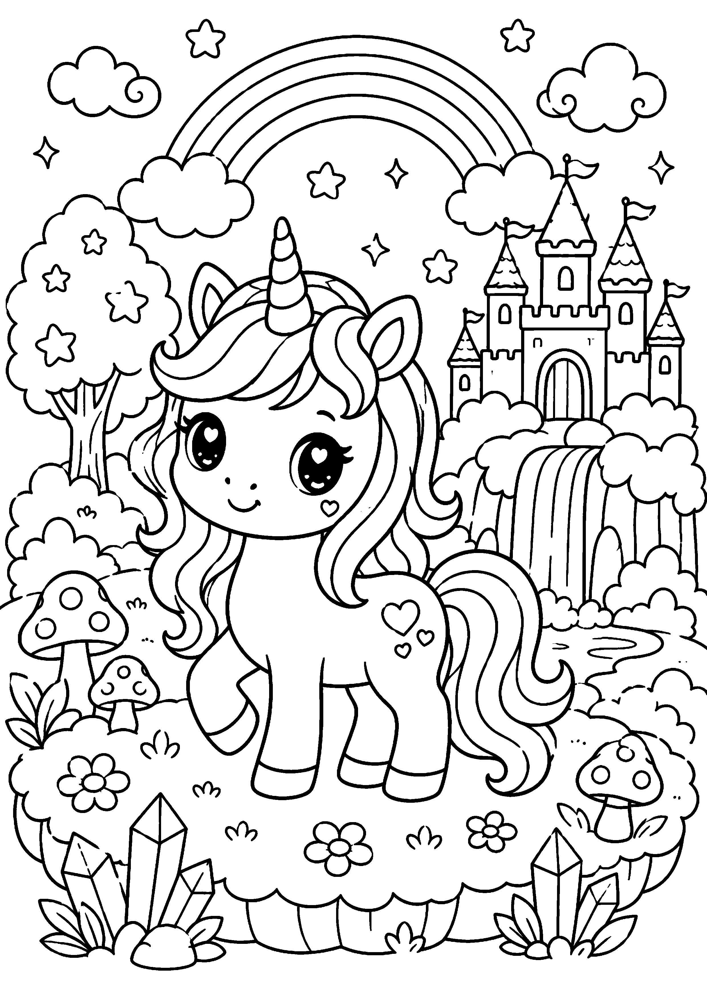 Coloriage licorne devant une cascade et un château à imprimer gratuitement