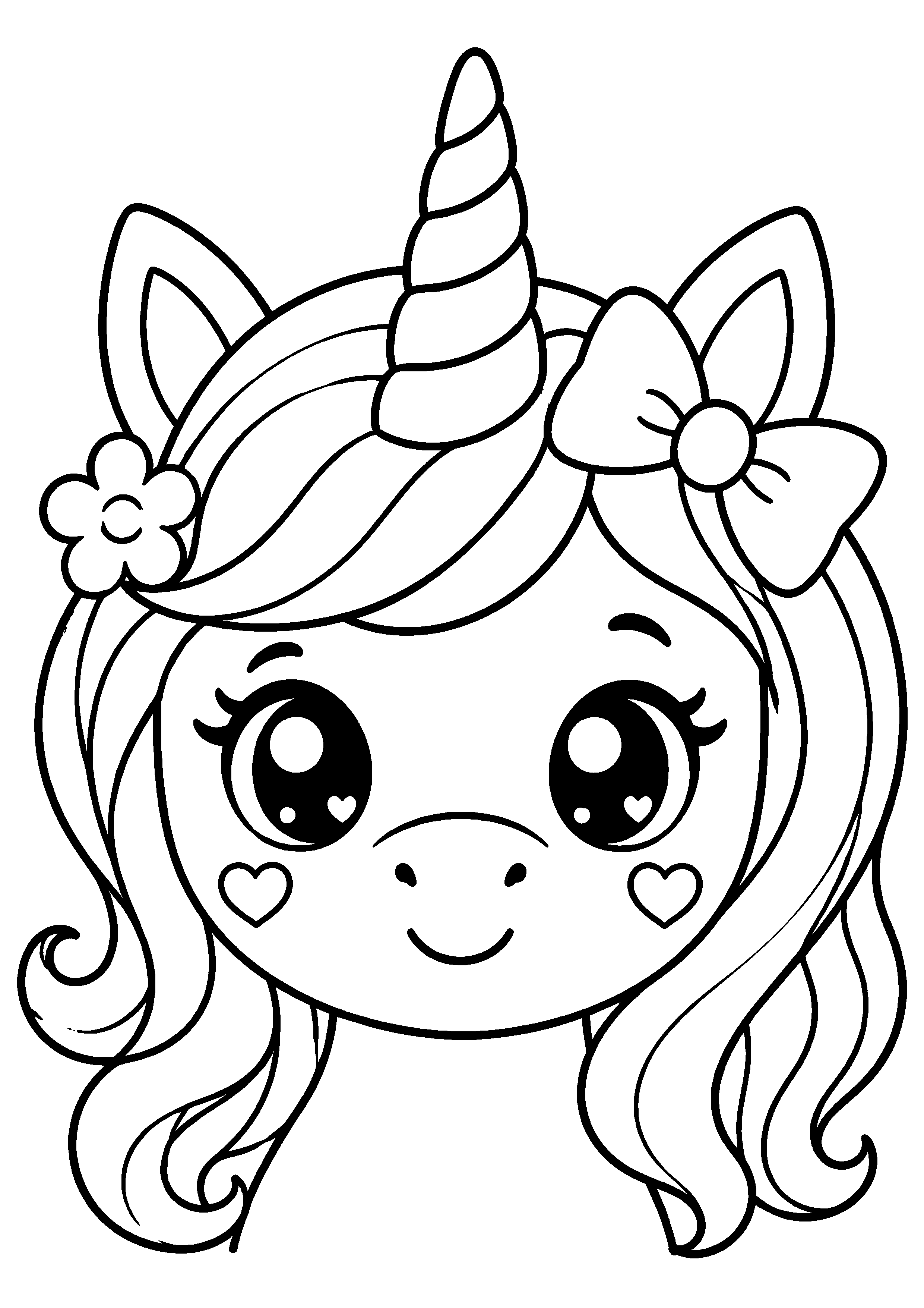 Coloriage portrait de licorne kawaii avec fleurs dans la crinière à imprimer gratuitement