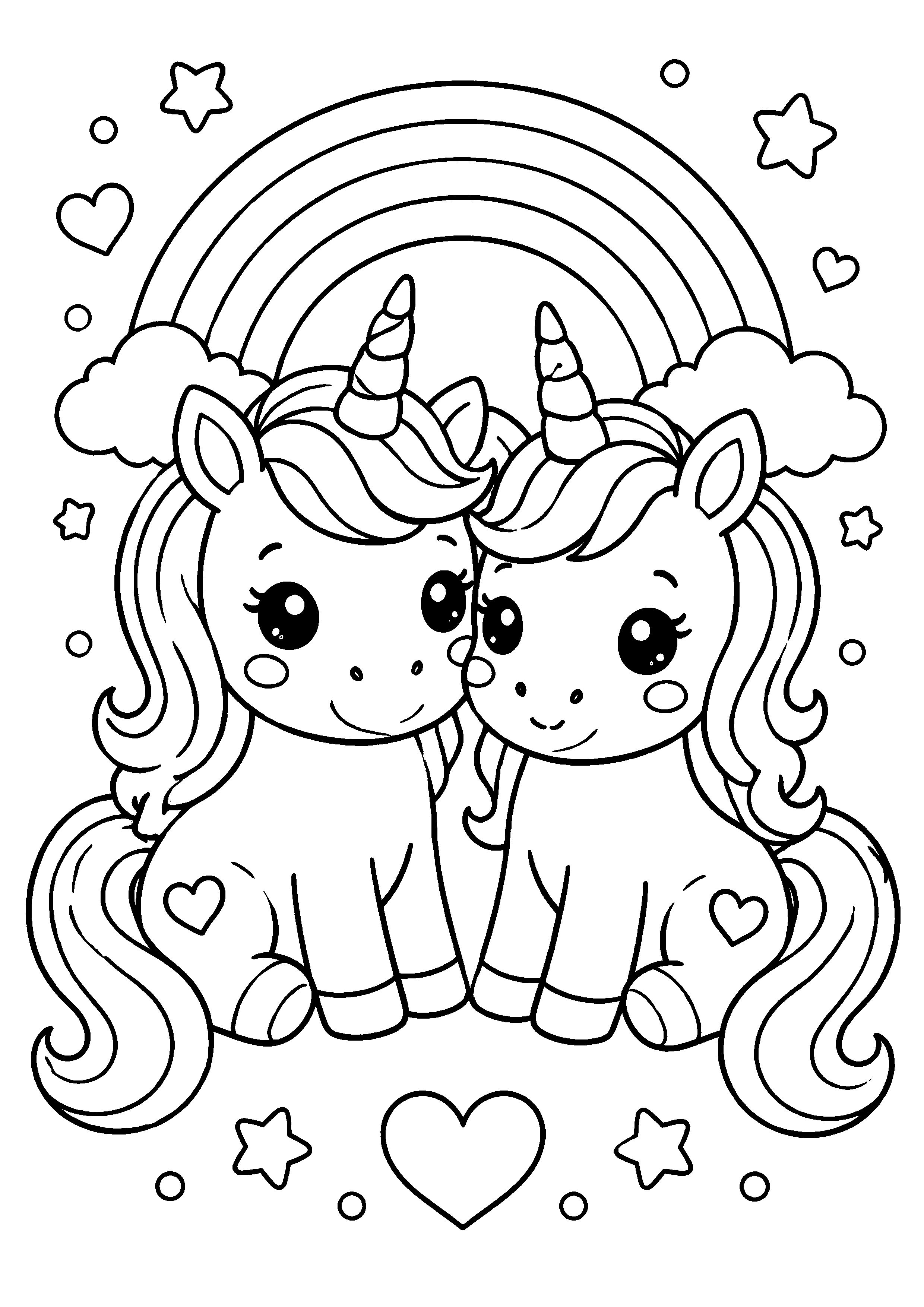 Coloriage deux licornes kawaii sous un arc-en-ciel à imprimer gratuitement