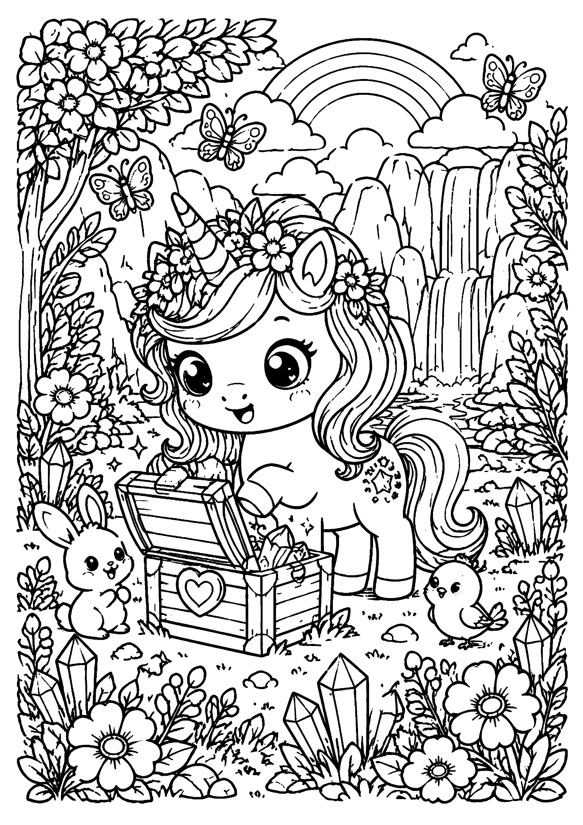 Coloriage licorne près d’un coffre au trésor dans la forêt à imprimer gratuitement