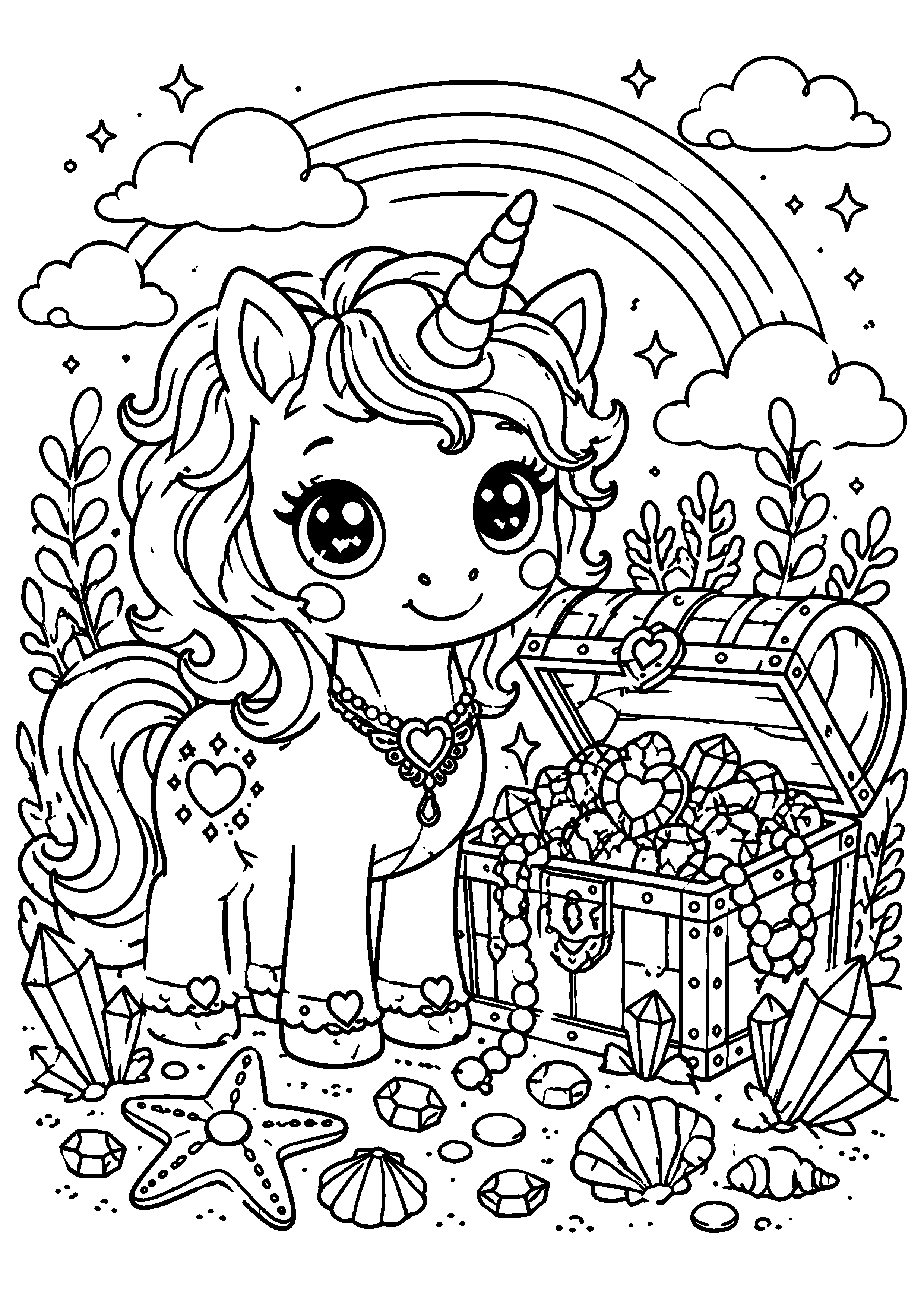 Coloriage licorne devant un coffre au trésor et des fleurs à imprimer gratuitement