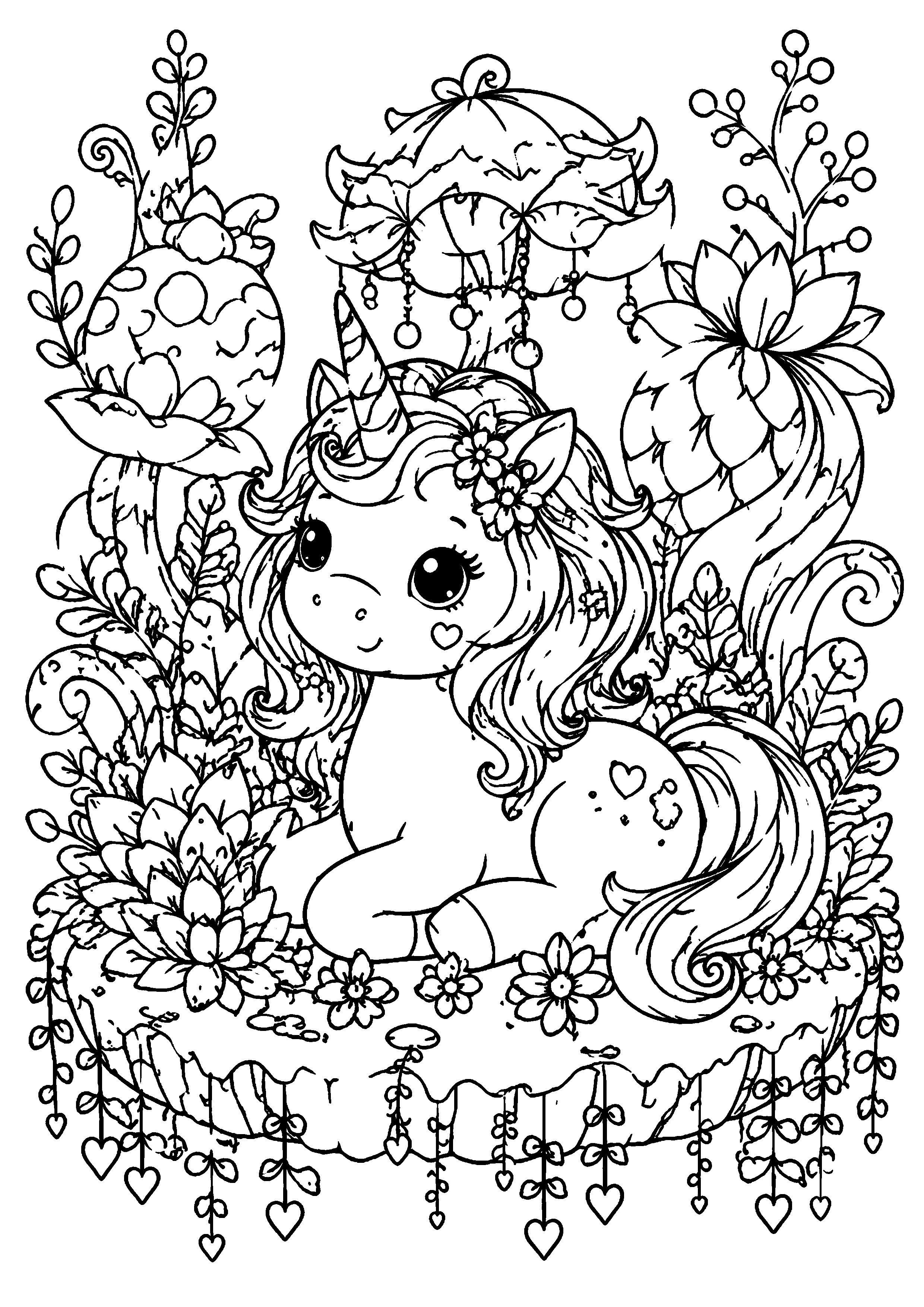 Coloriage licorne se reposant dans un jardin fleuri avec un oiseau à imprimer gratuitement