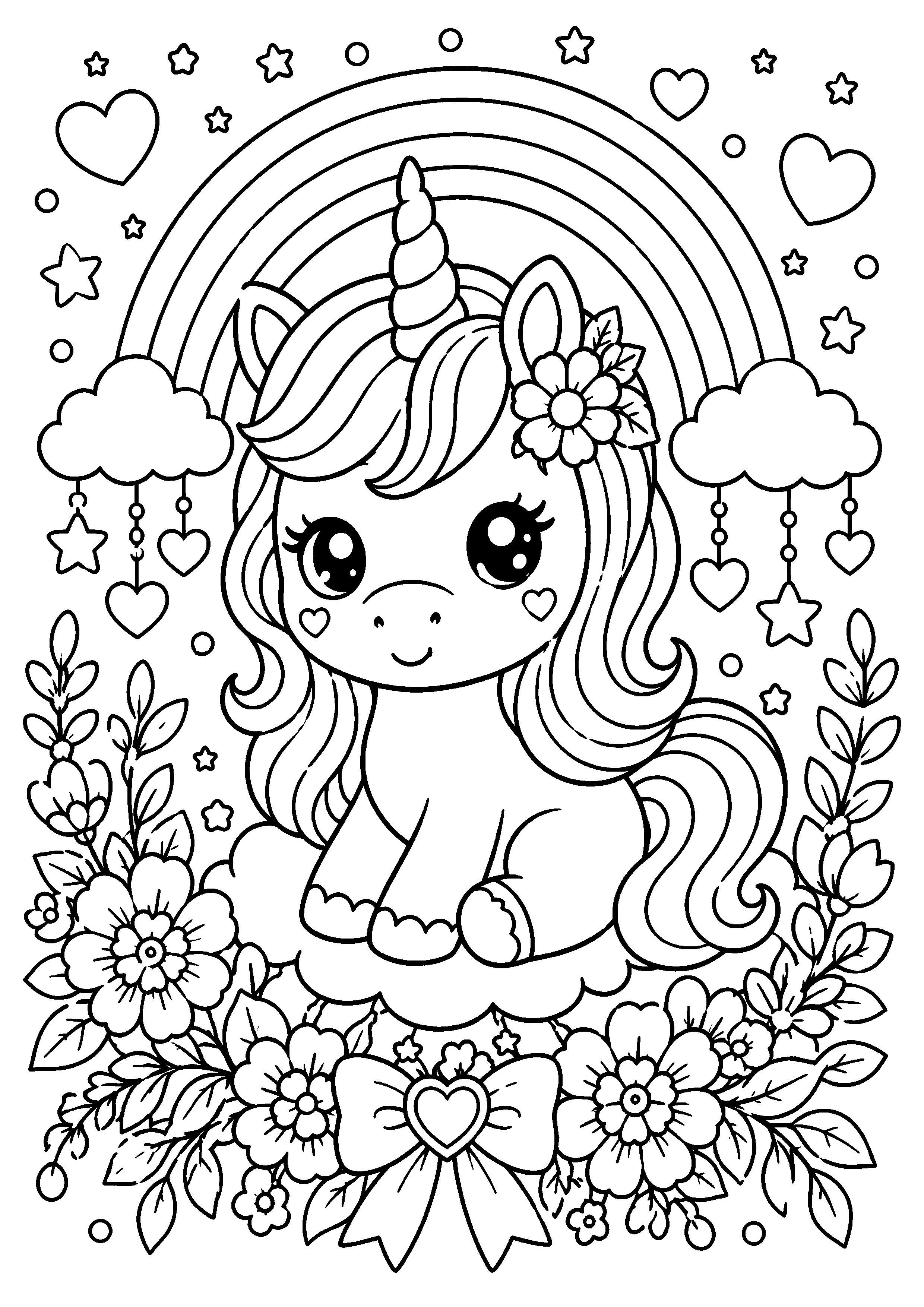 Coloriage licorne kawaii sous un arc-en-ciel dans un cadre floral à imprimer gratuitement