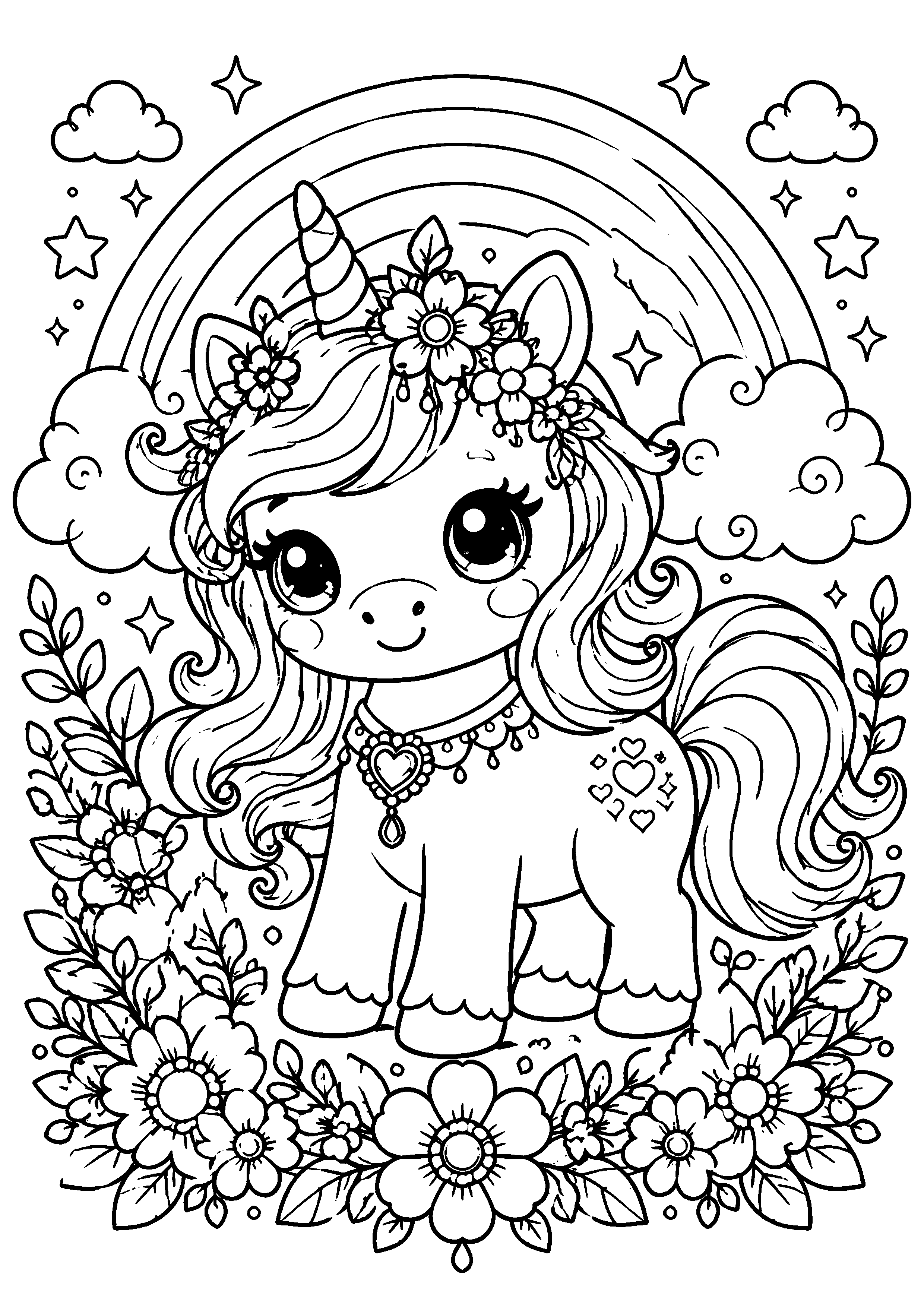 Coloriage licorne kawaii couronnée de fleurs dans un jardin détaillé à imprimer gratuitement