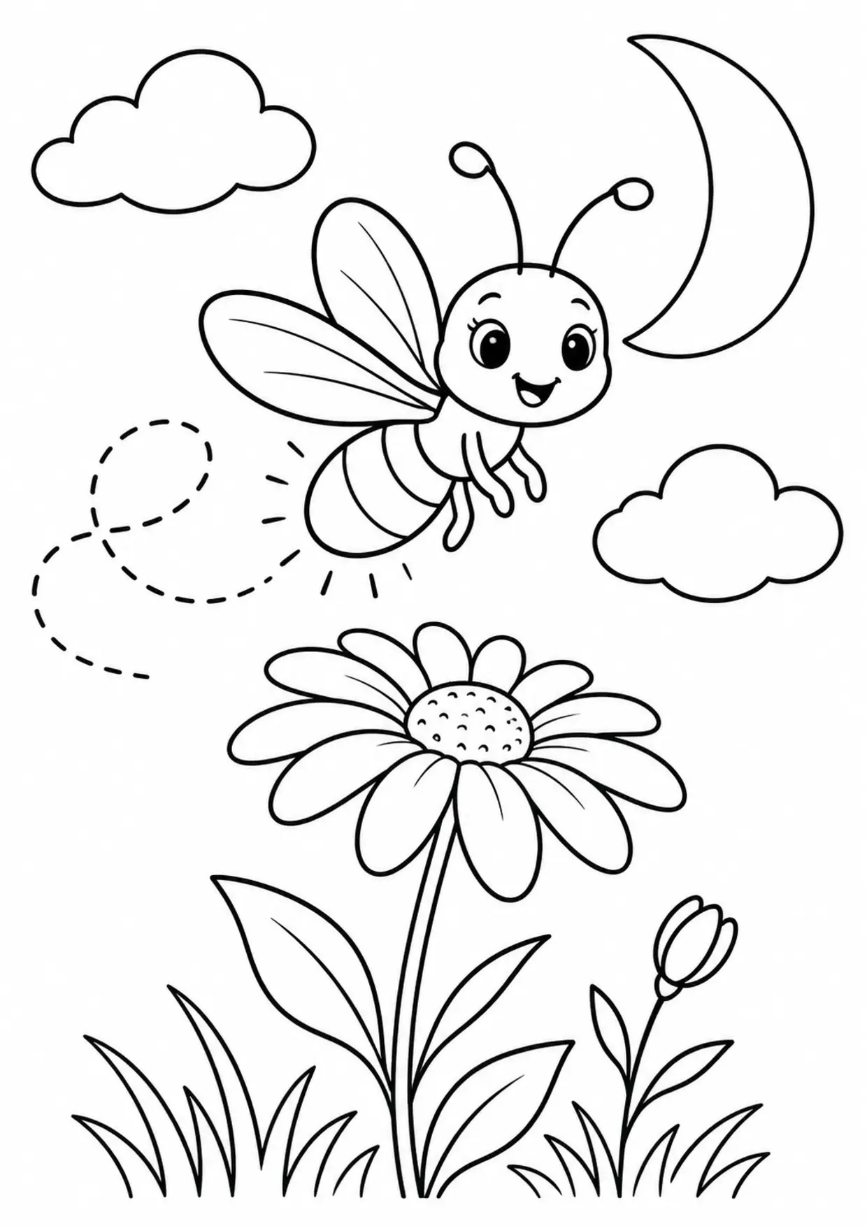 Coloriage luciole : lune à imprimer montrant lune, dessin noir et blanc