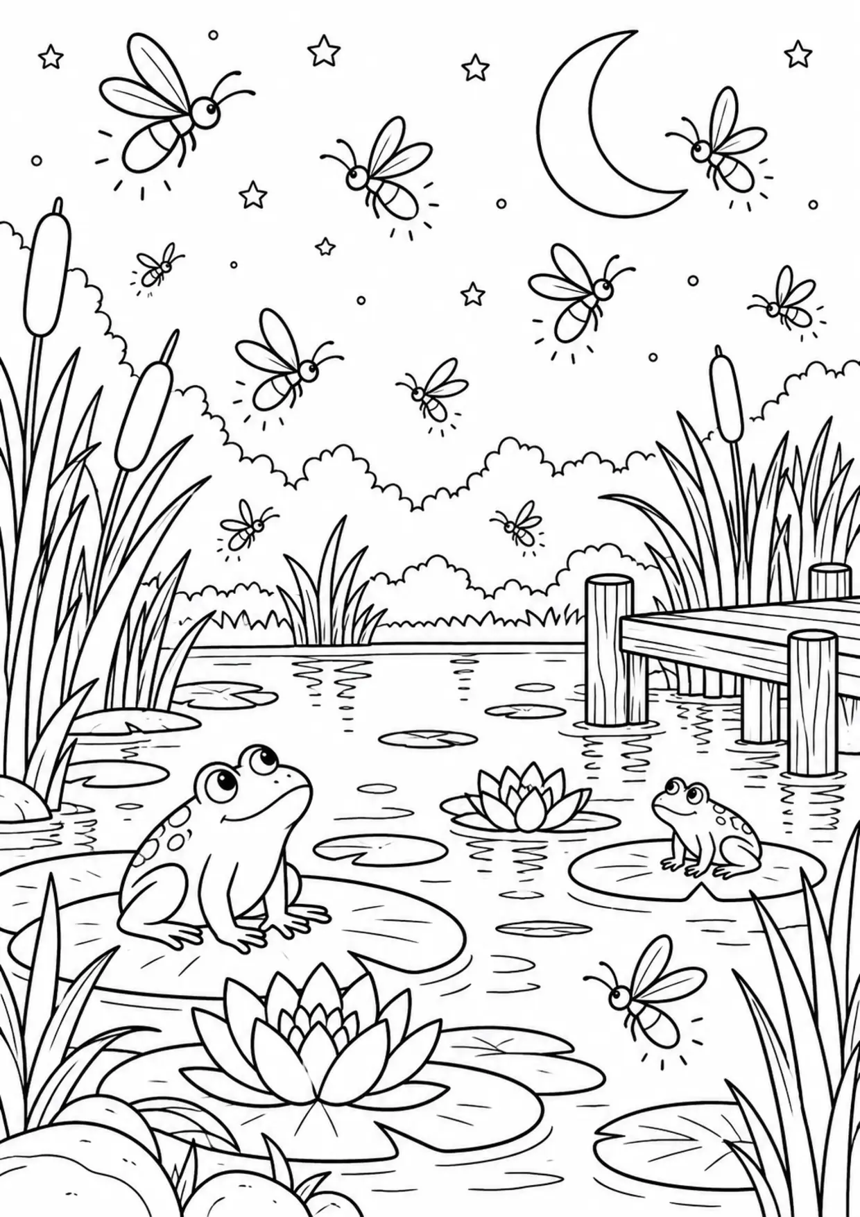 Coloriage luciole : lucioles etang à imprimer montrant lucioles etang, dessin noir et blanc