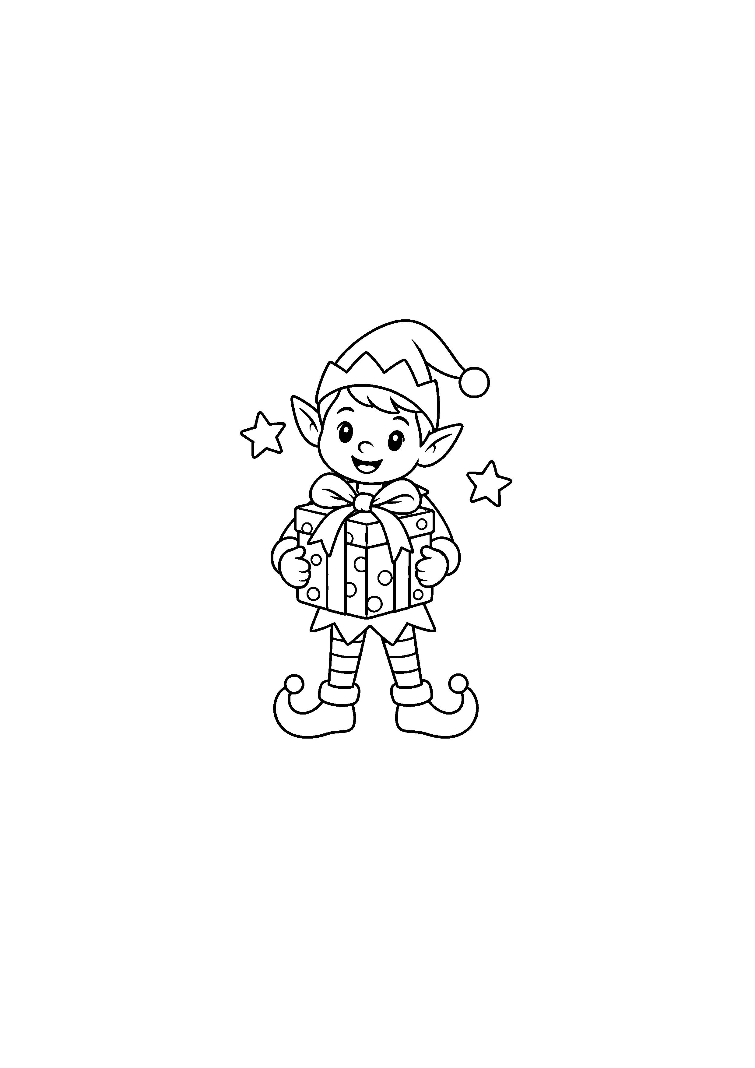 Coloriage lutin avec un cadeau, composition 2 de Noël à imprimer gratuitement