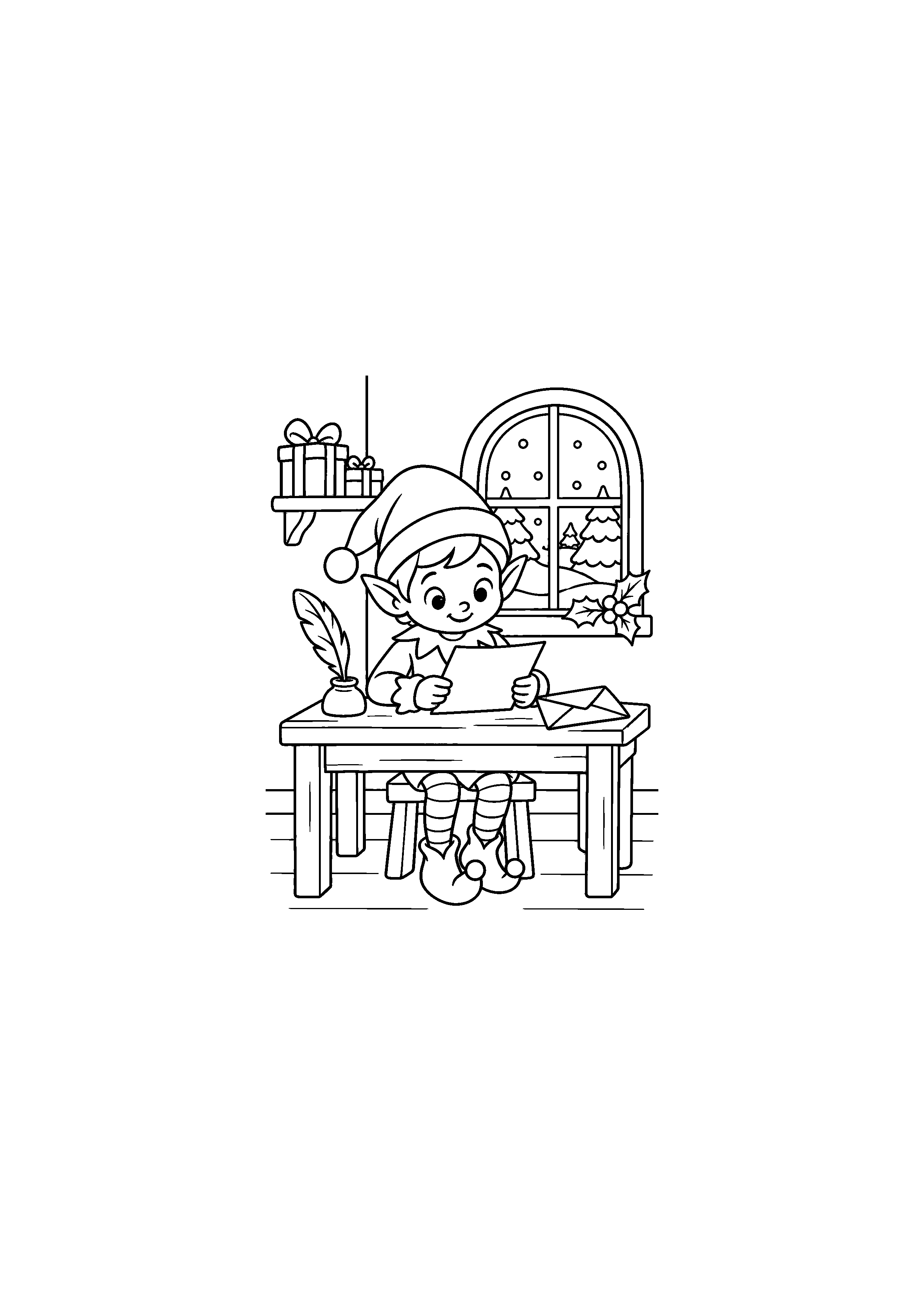 Coloriage lutin lisant une lettre, composition 6 de Noël à imprimer gratuitement