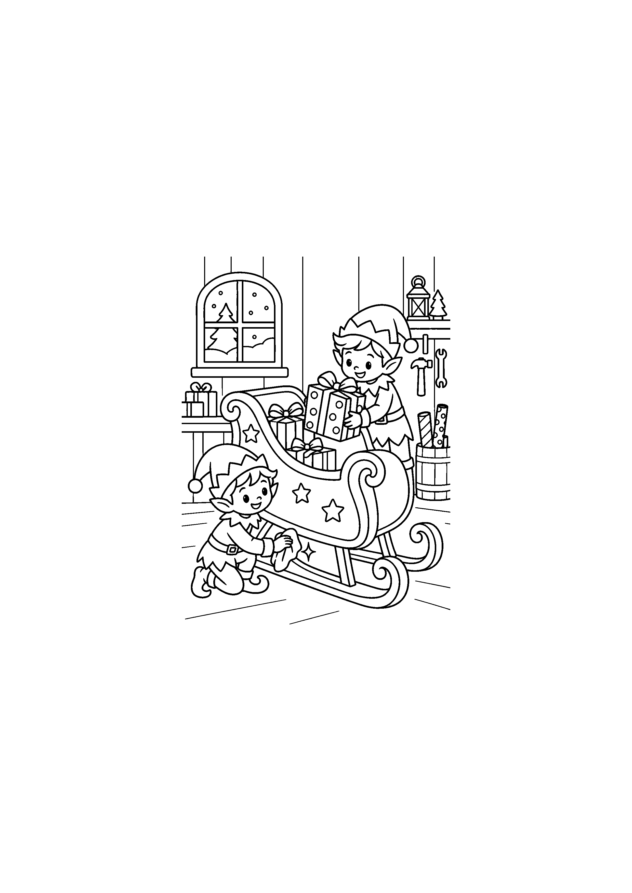 Coloriage lutin préparant le traîneau, composition 10 de Noël à imprimer gratuitement