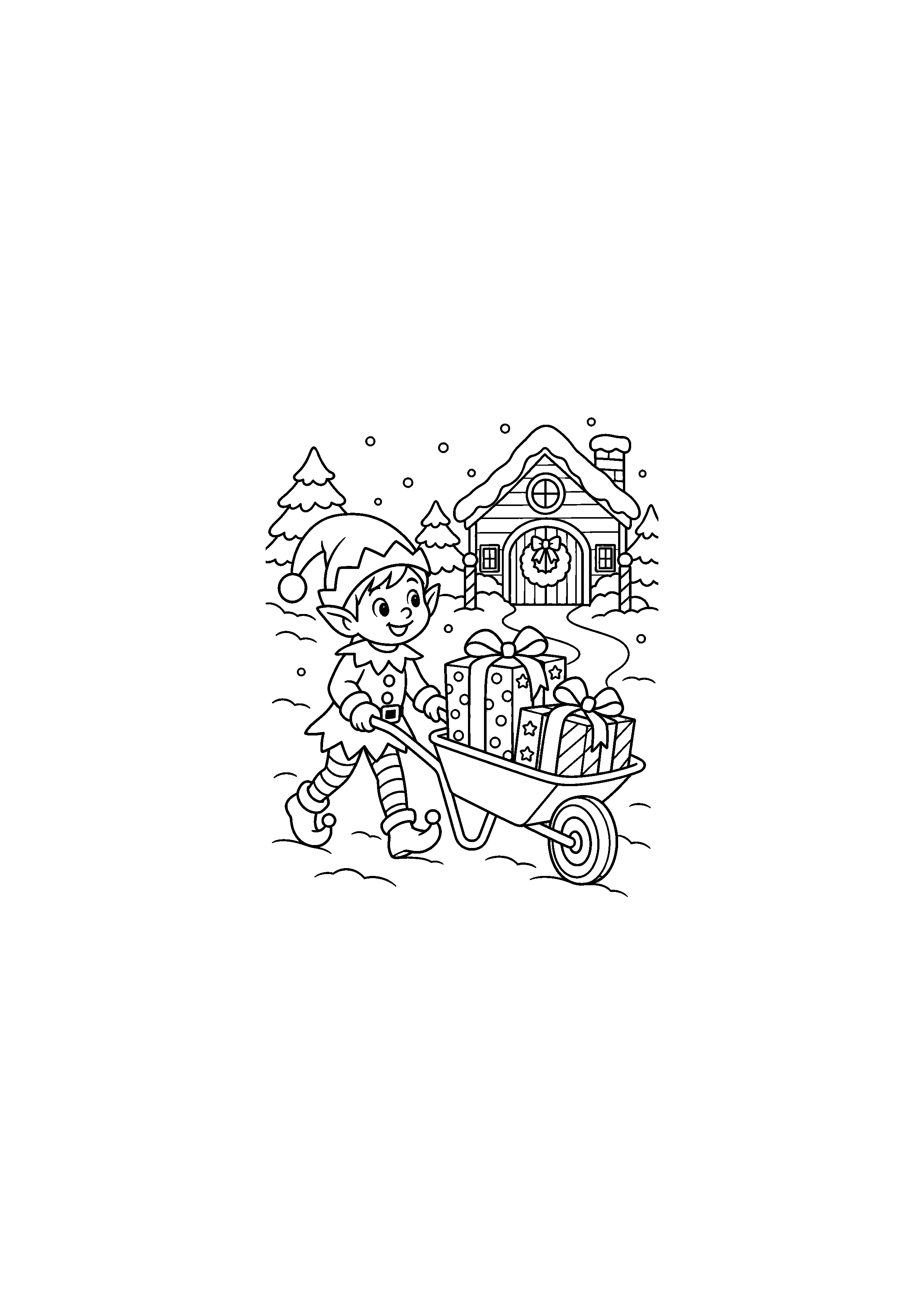 Coloriage lutin dans l’atelier, composition 14 de Noël à imprimer gratuitement
