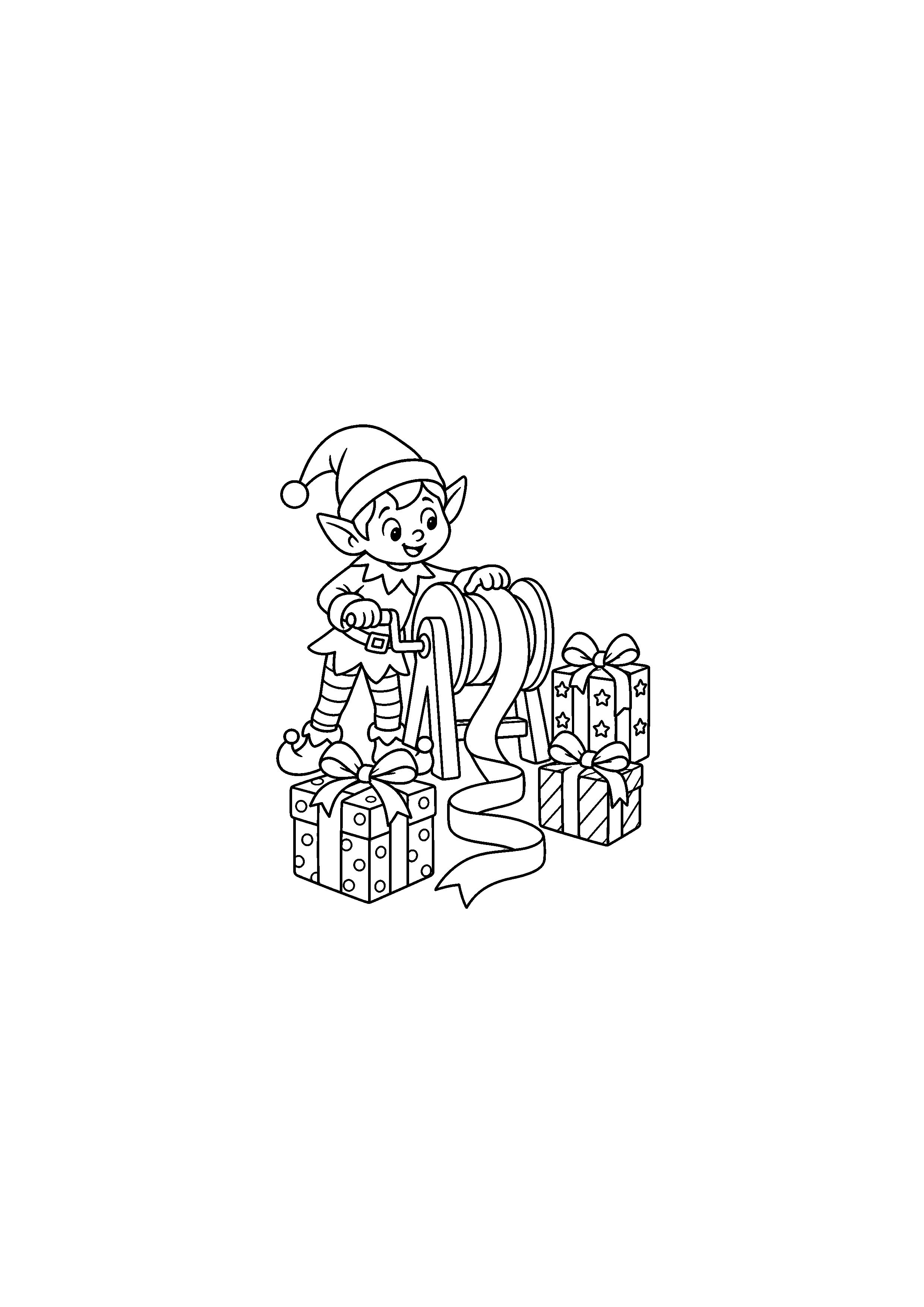 Coloriage lutin portant une pile de cadeaux, composition 18 de Noël à imprimer gratuitement