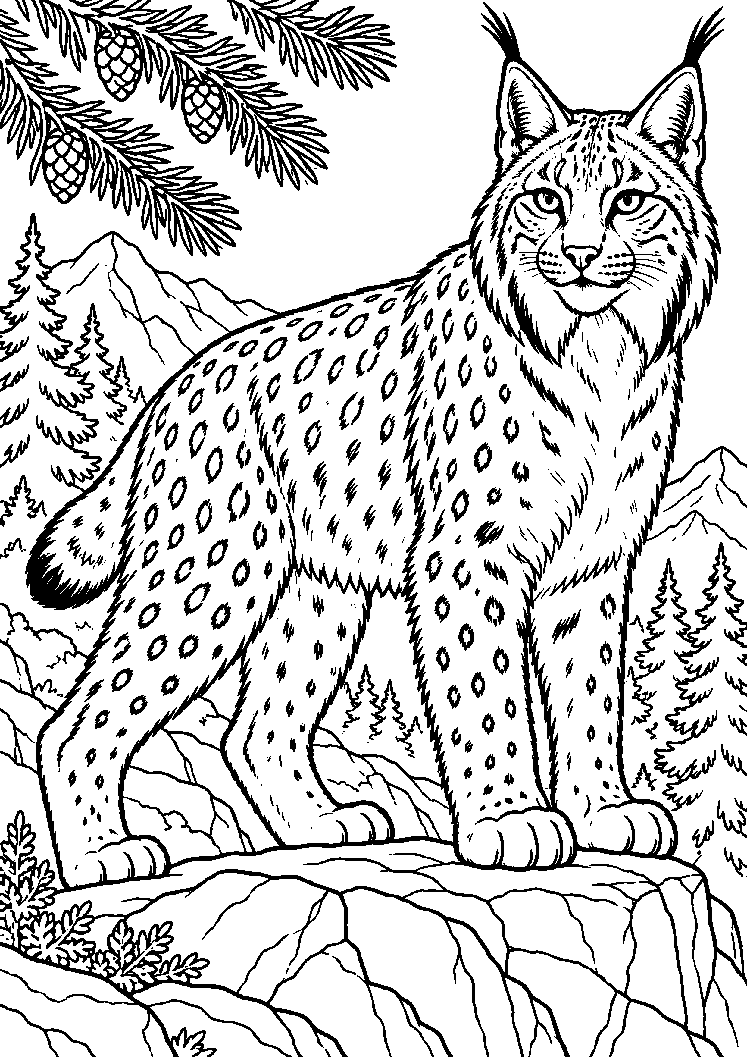 Coloriage lynx en grand portrait de face au regard éveillé à imprimer