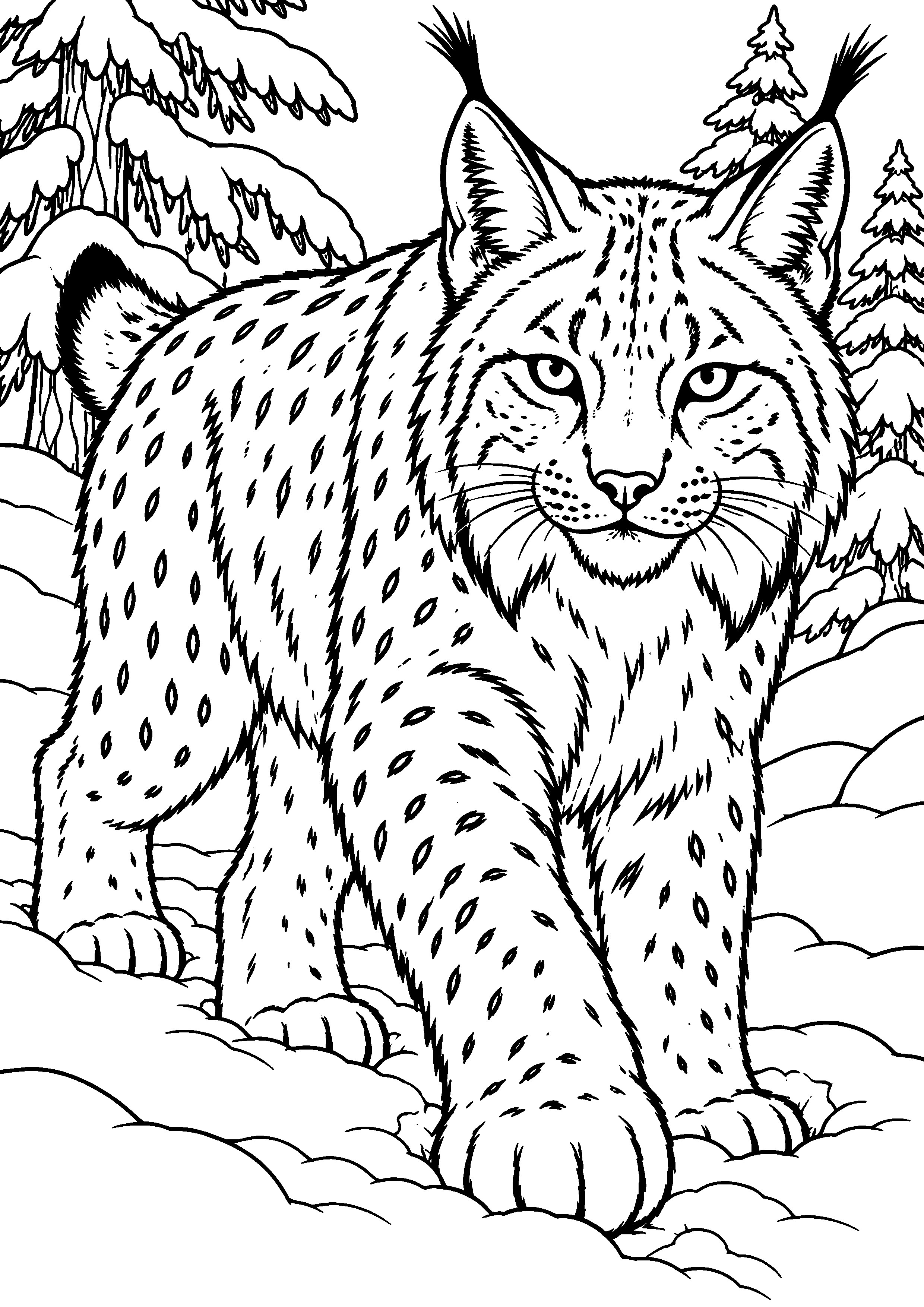 Coloriage lynx de profil marchant dans son habitat à imprimer