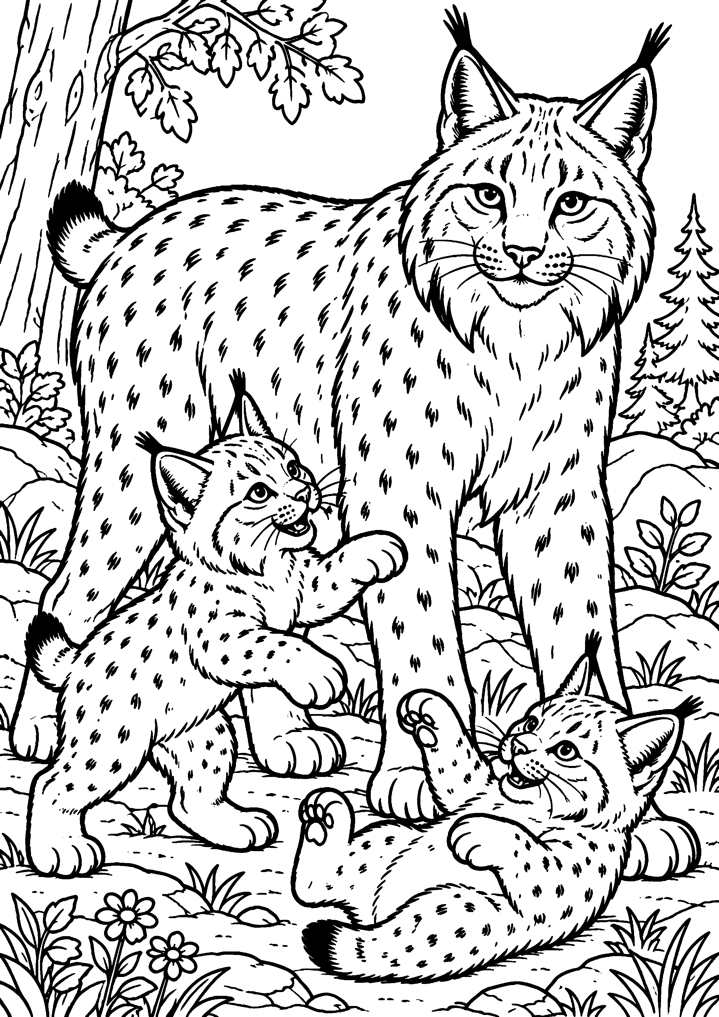 Coloriage lynx assis sur une large souche à imprimer