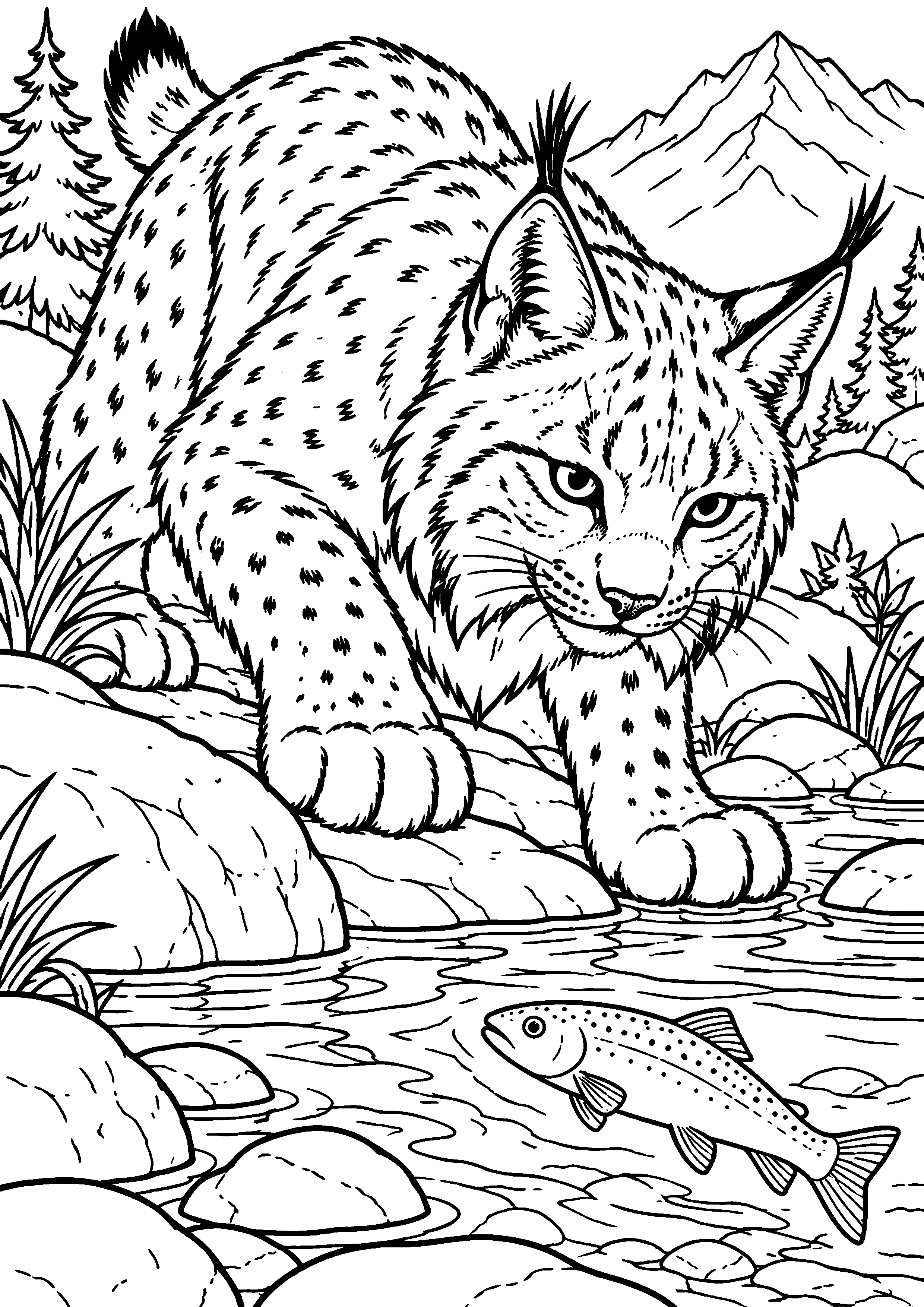 Coloriage lynx bébé découvrant une grande feuille à imprimer