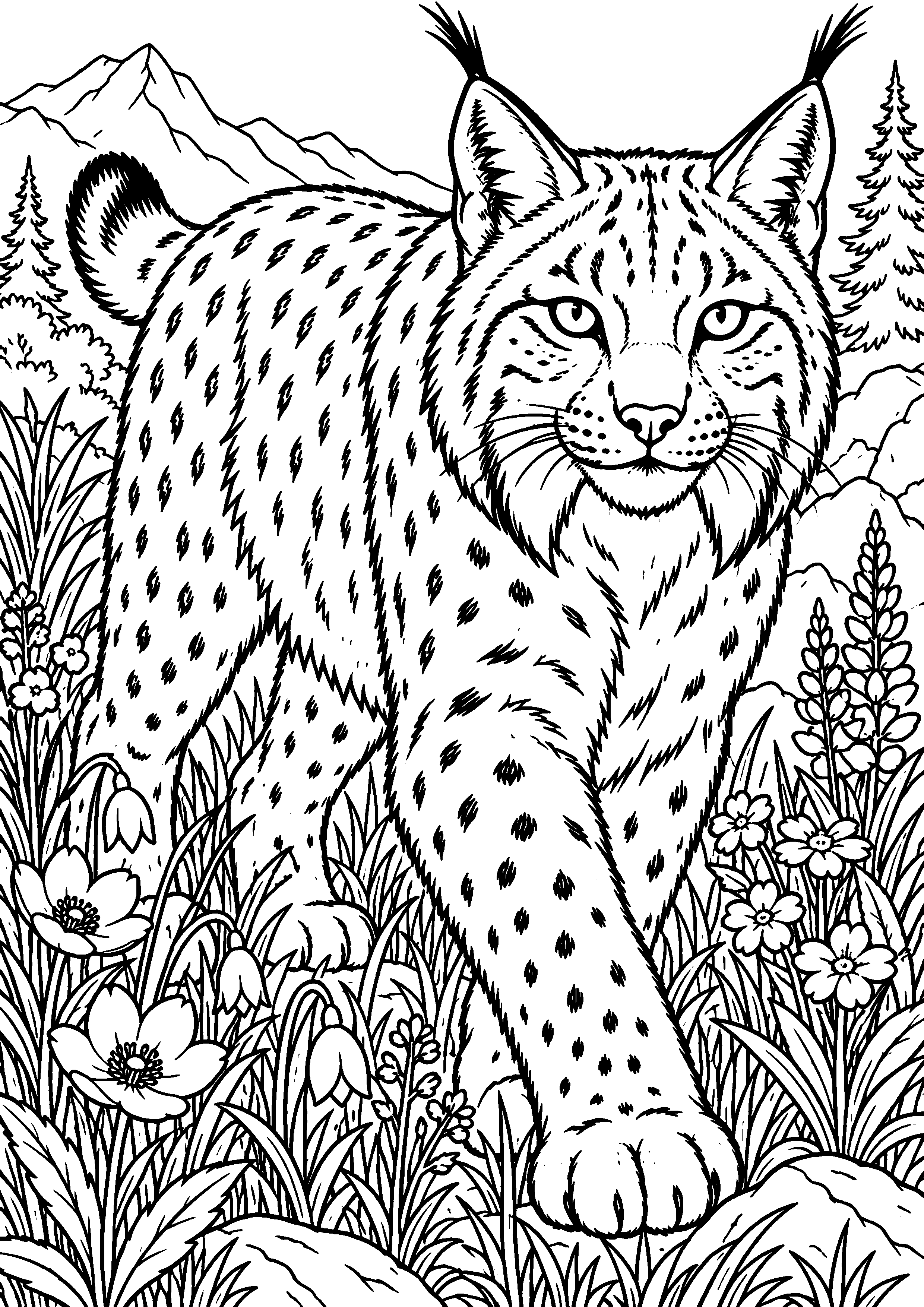 Grand coloriage d’un lynx en famille de trois dans son habitat, contours noirs nets sur fond blanc