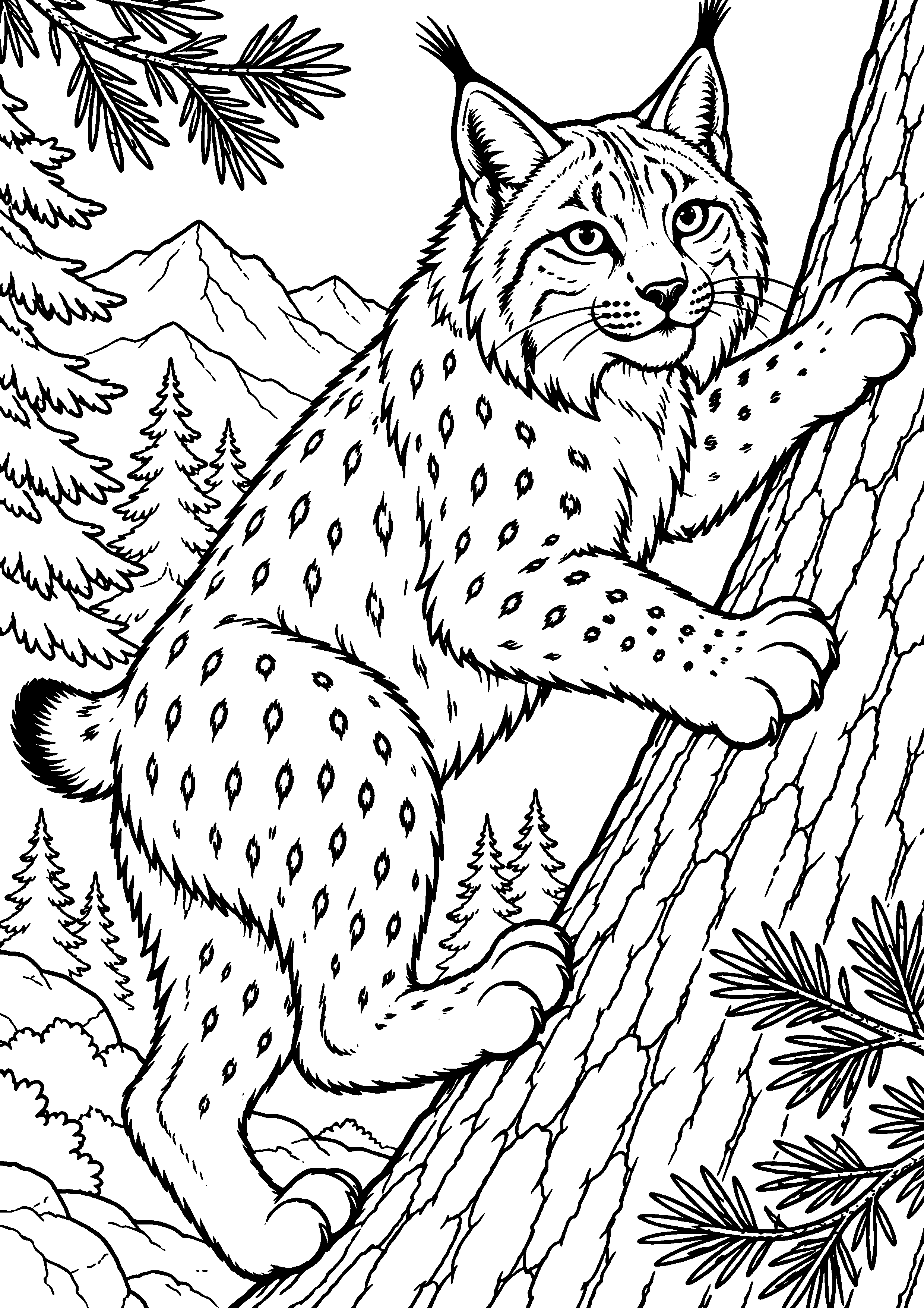 Grand coloriage d’un lynx buvant au bord d’un ruisseau, contours noirs nets sur fond blanc