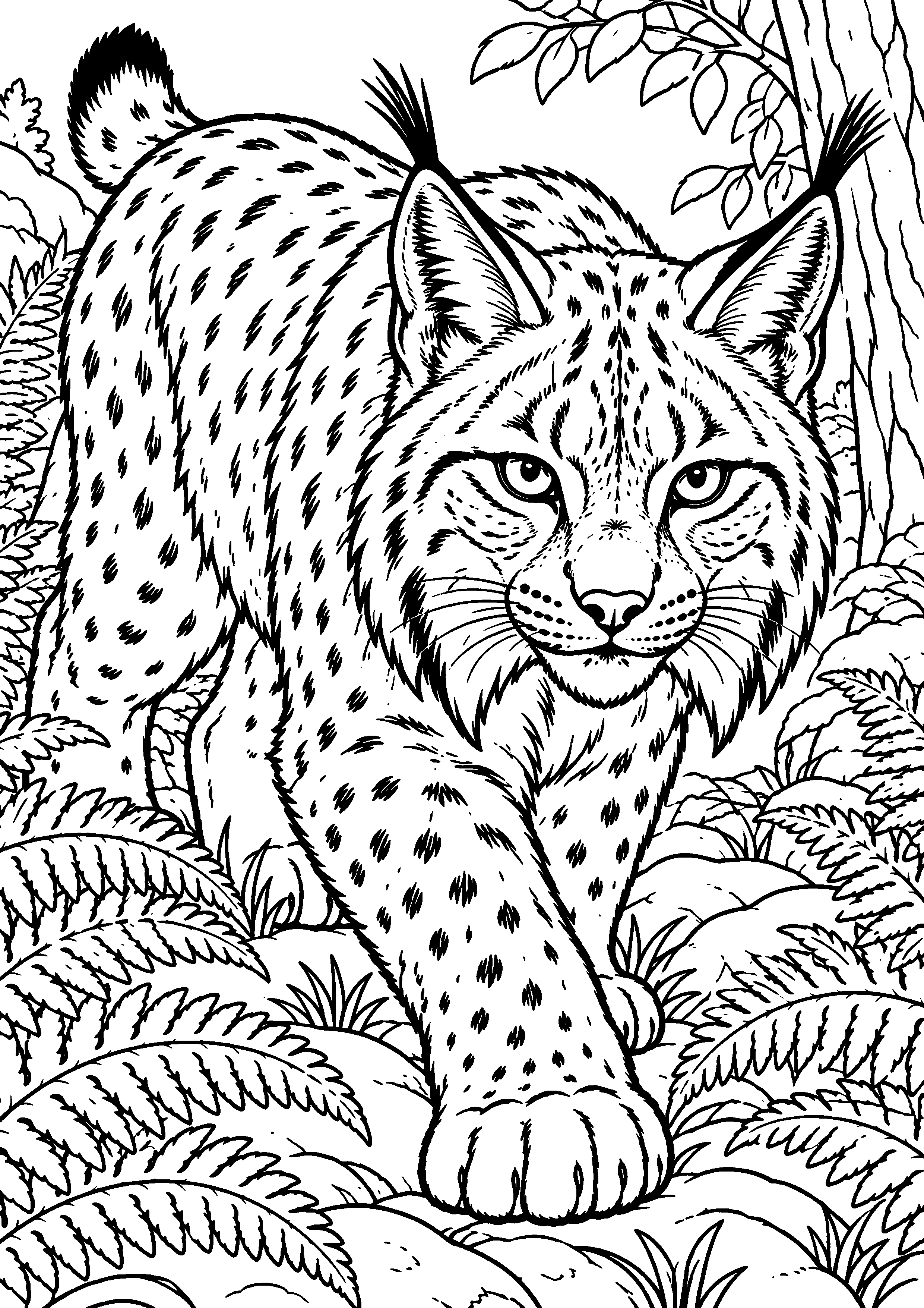 Grand coloriage d’un lynx sautant au-dessus d’un petit tronc, contours noirs nets sur fond blanc