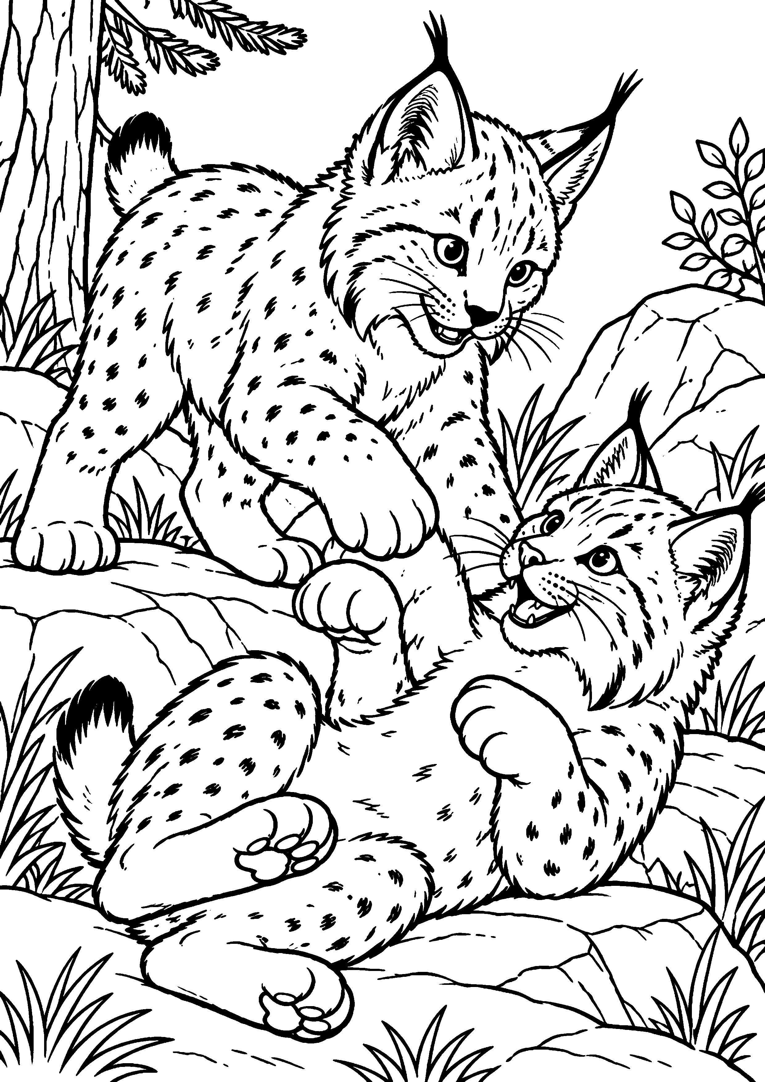 Grand coloriage d’un lynx au milieu de grandes feuilles d’automne, contours noirs nets sur fond blanc