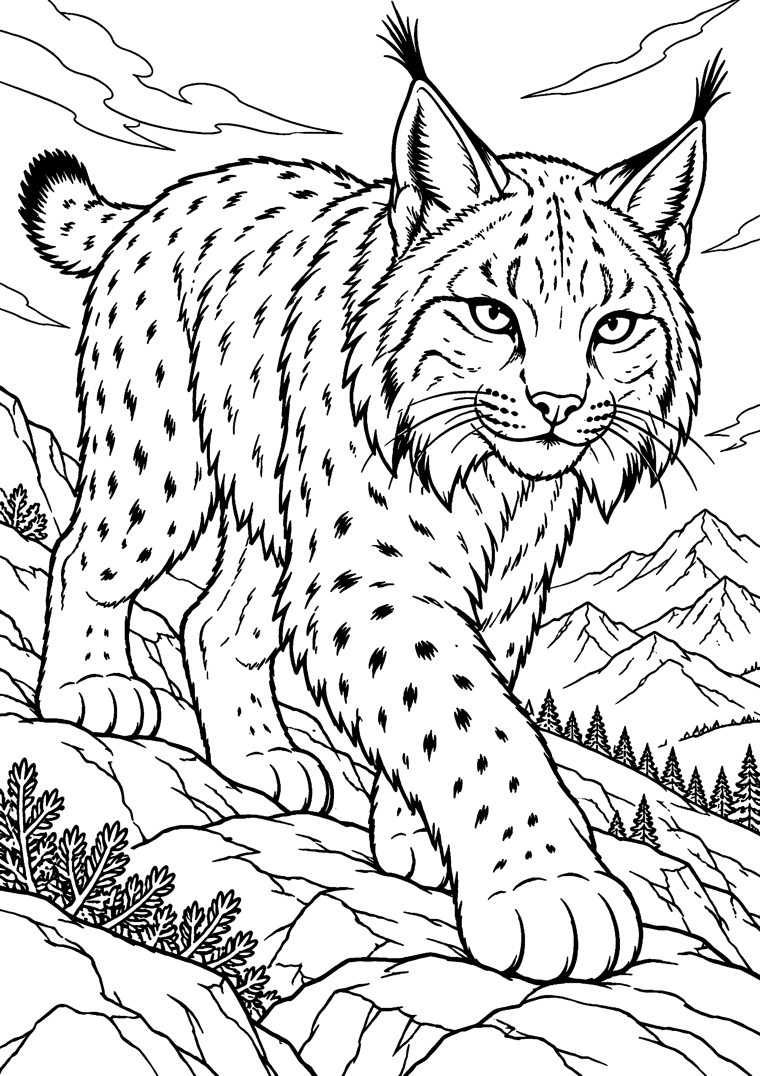 Grand coloriage d’un lynx dans une scène d’été naturelle, contours noirs nets sur fond blanc