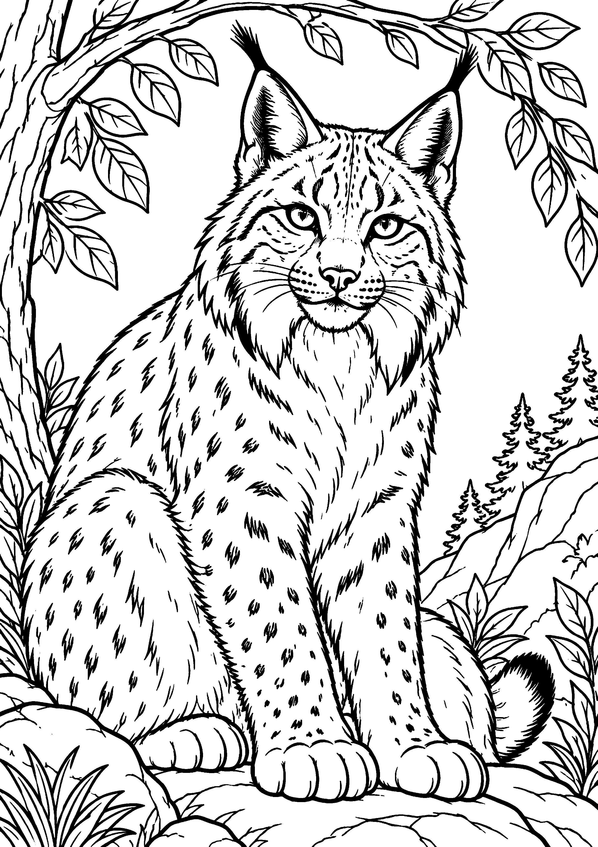 Grand coloriage d’un lynx dans un paysage d’hiver léger, contours noirs nets sur fond blanc