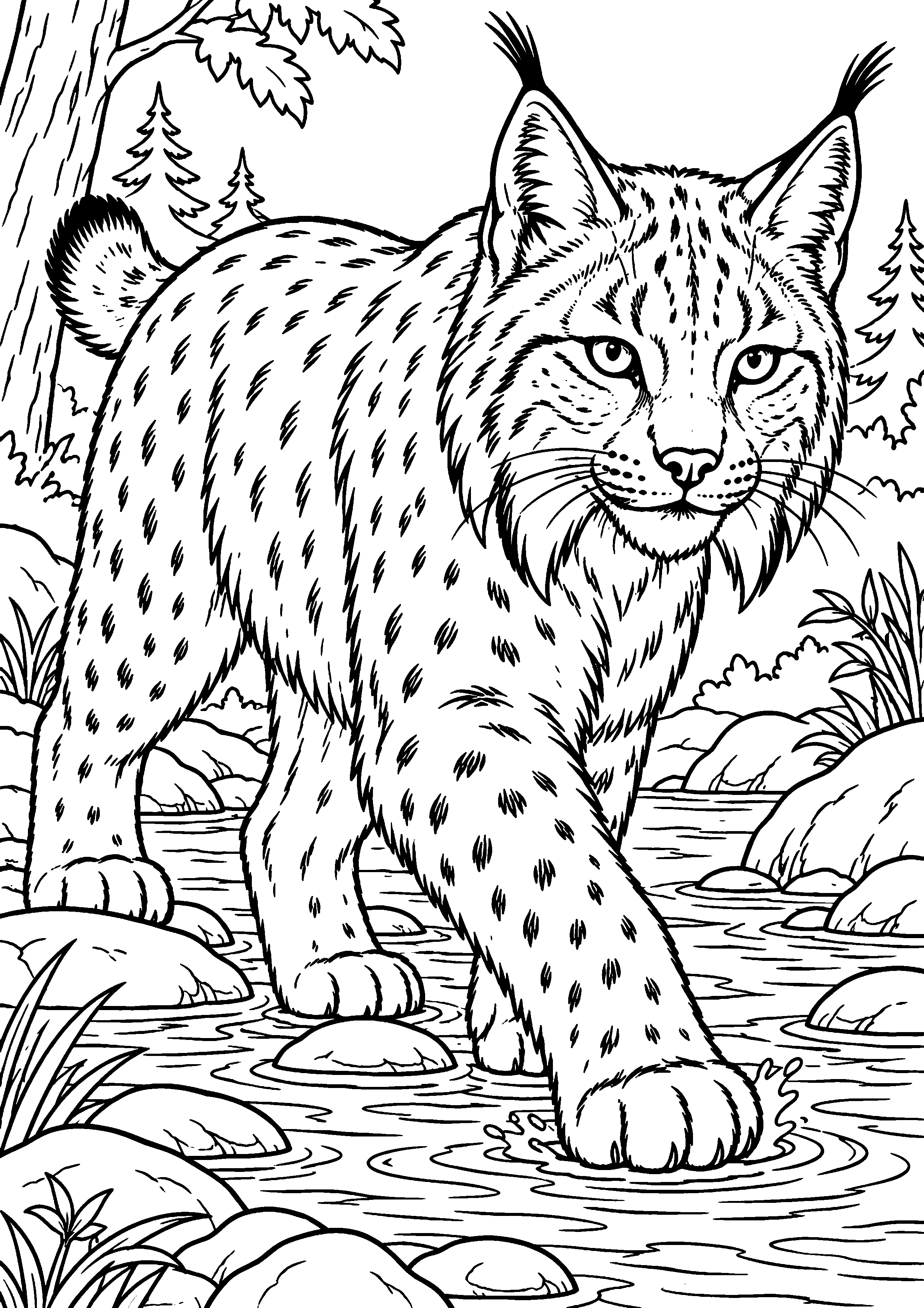 Grand coloriage d’un lynx près de son abri naturel, contours noirs nets sur fond blanc