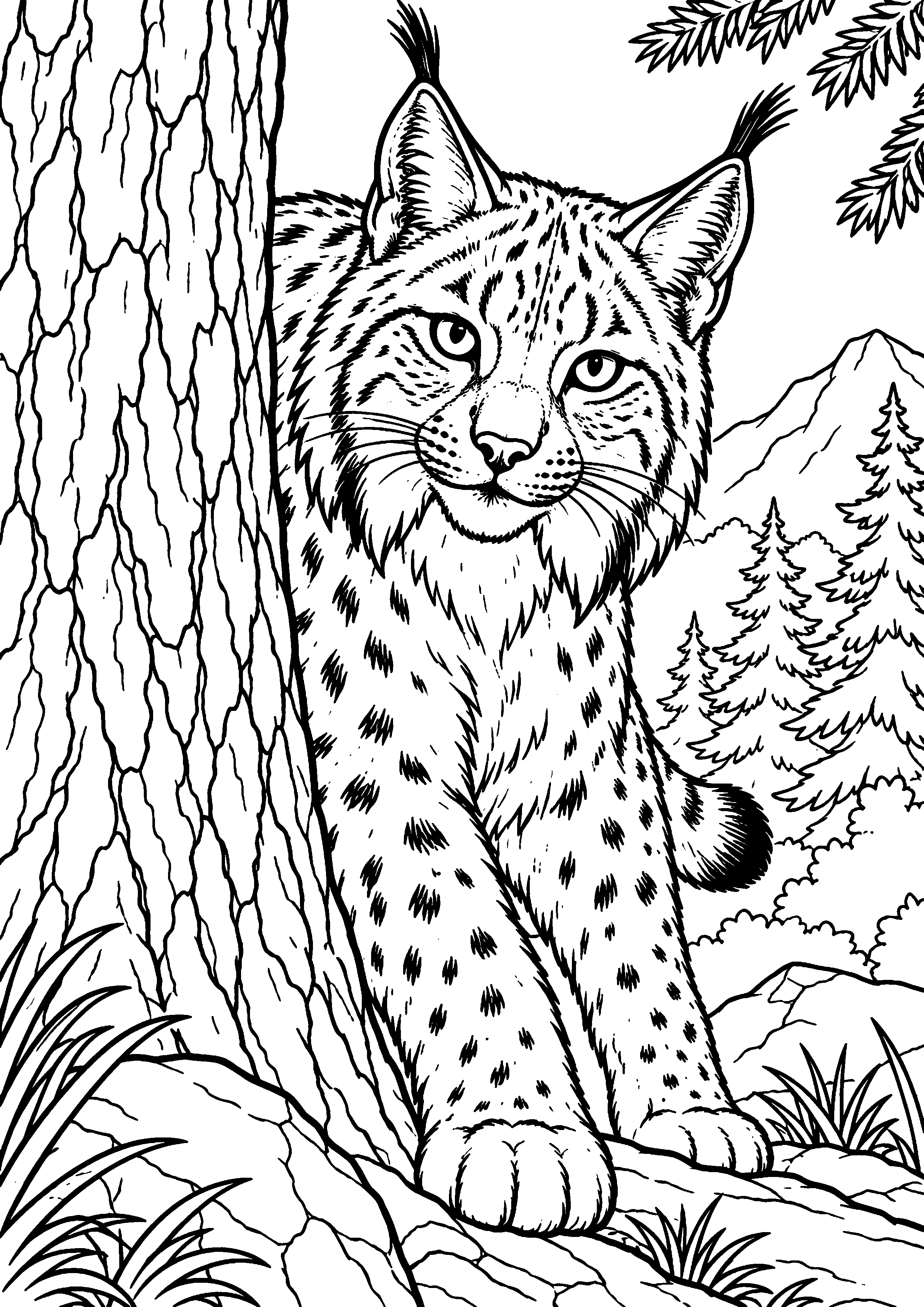 Grand coloriage d’un lynx faisant sa toilette, contours noirs nets sur fond blanc