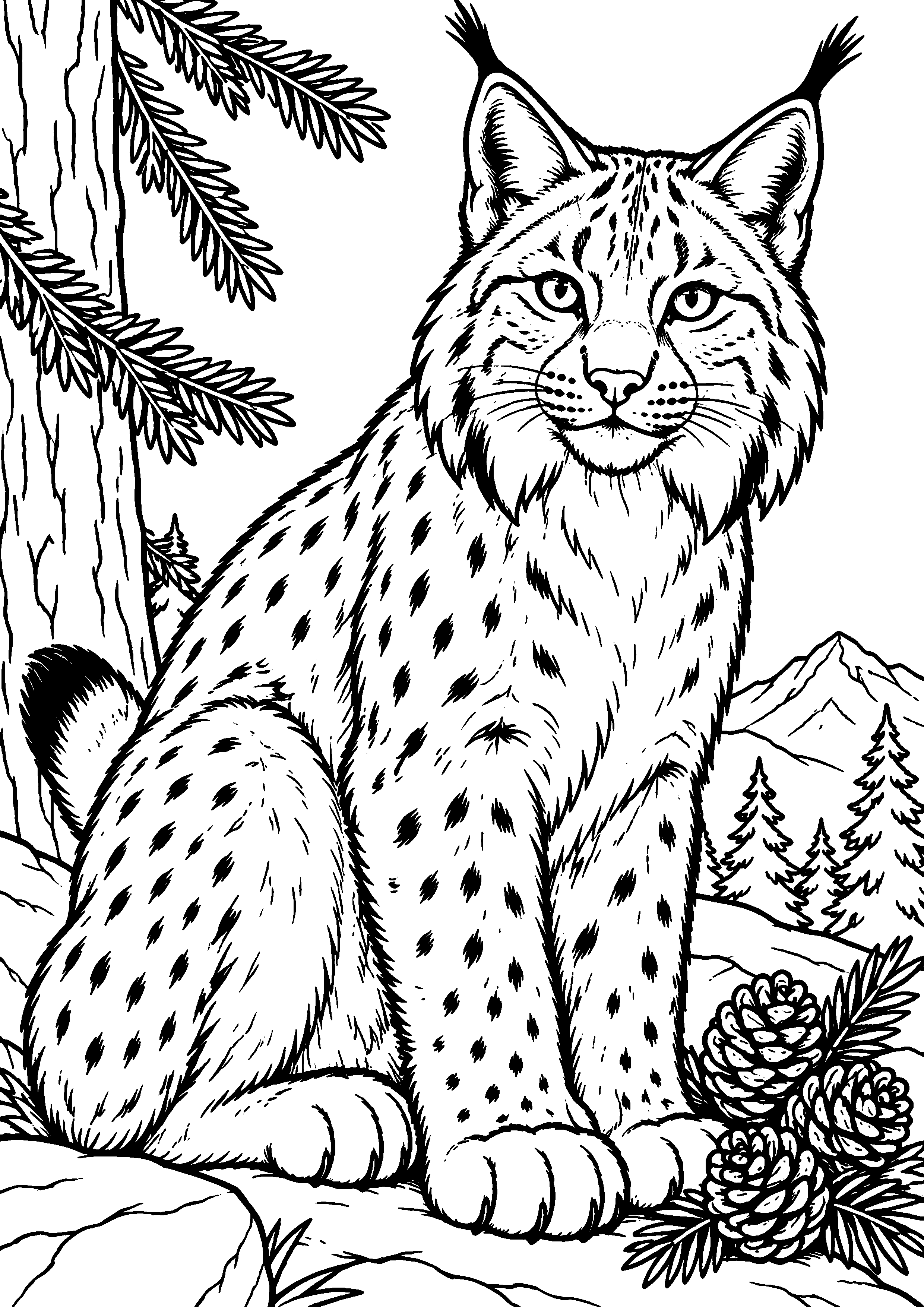 Grand coloriage d’un lynx roulé en boule pour dormir, contours noirs nets sur fond blanc