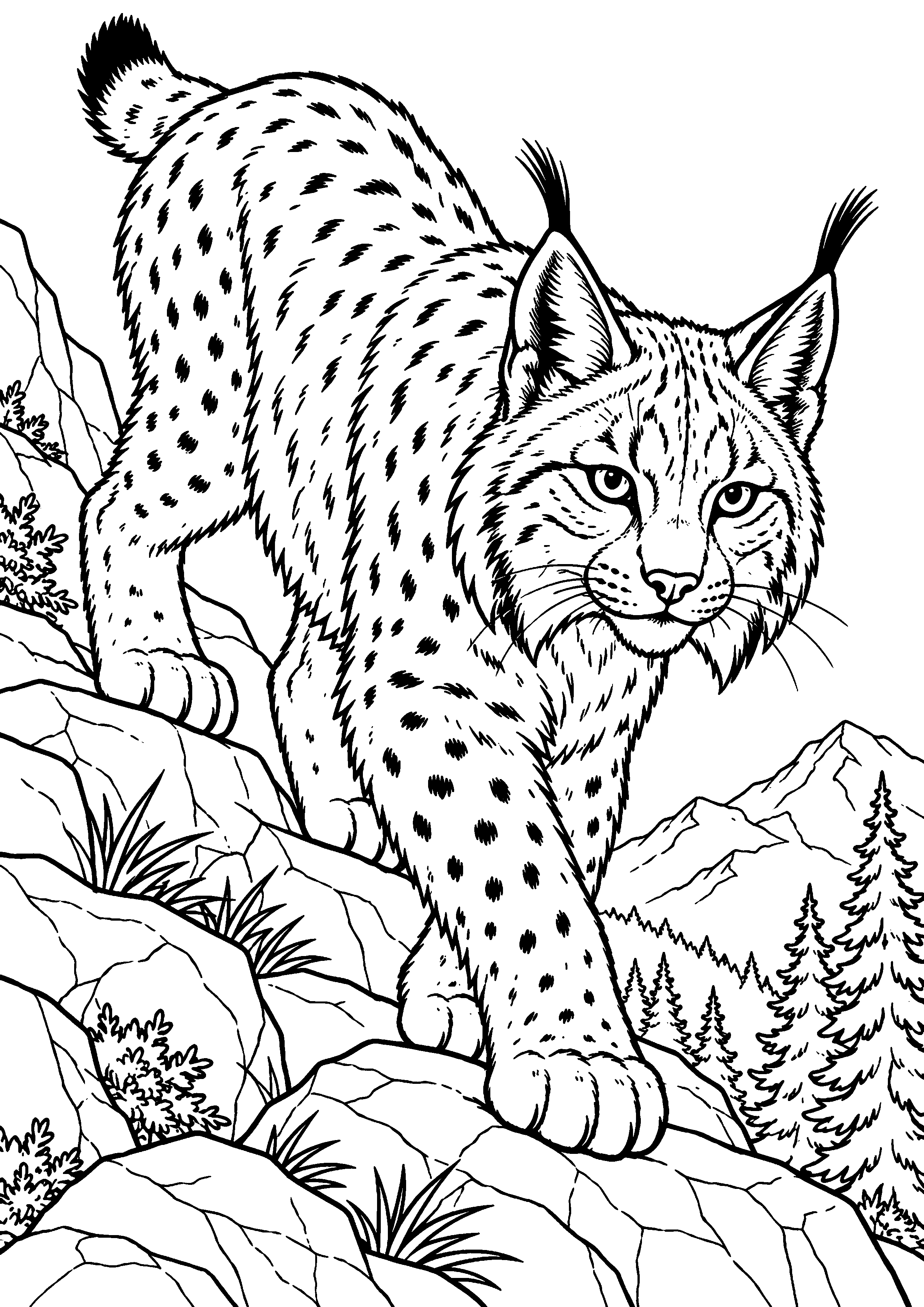 Grand coloriage d’un lynx en silhouette entière facile à colorier, contours noirs nets sur fond blanc