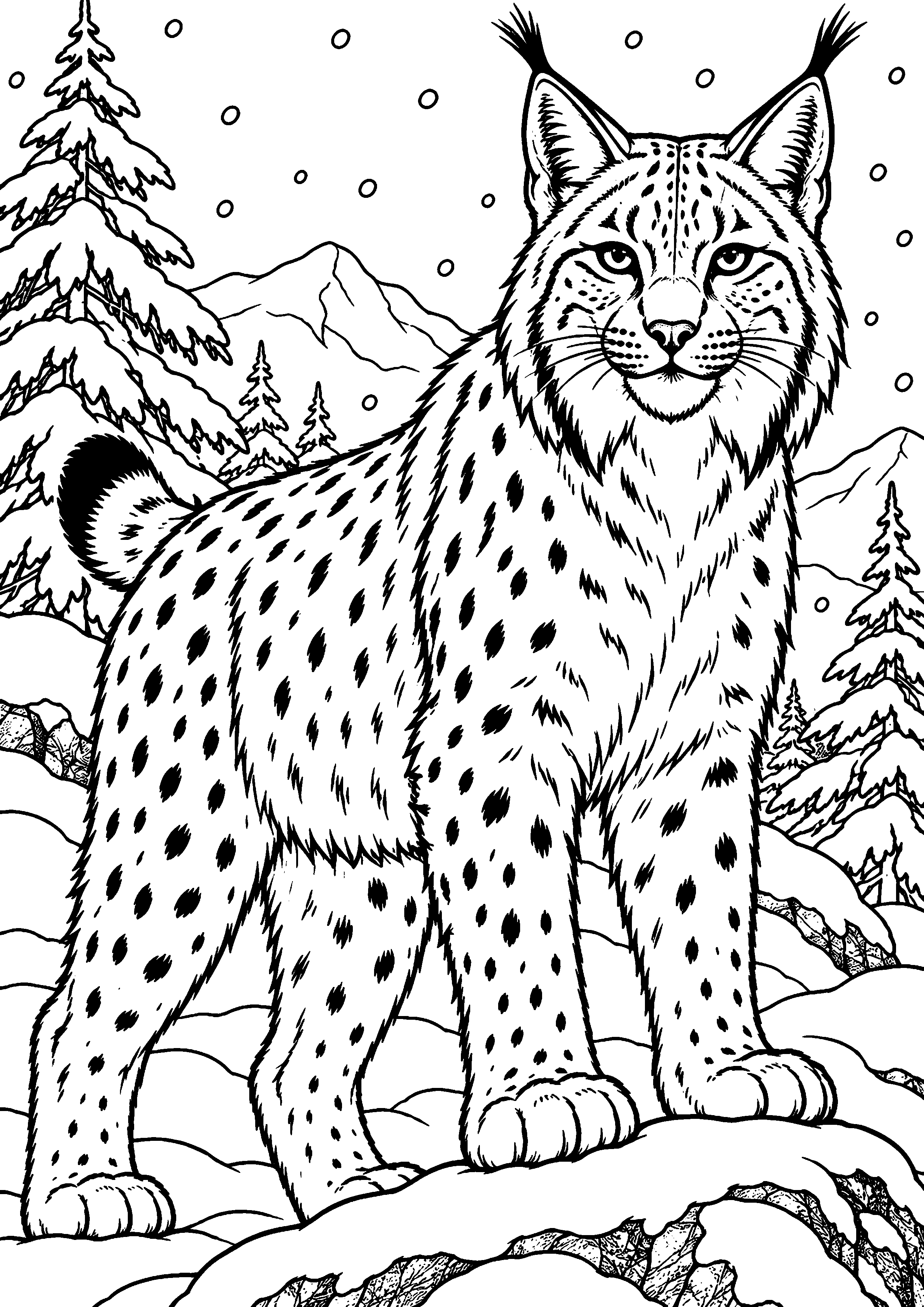 Grand coloriage d’un lynx en portrait facile pour la maternelle, contours noirs nets sur fond blanc