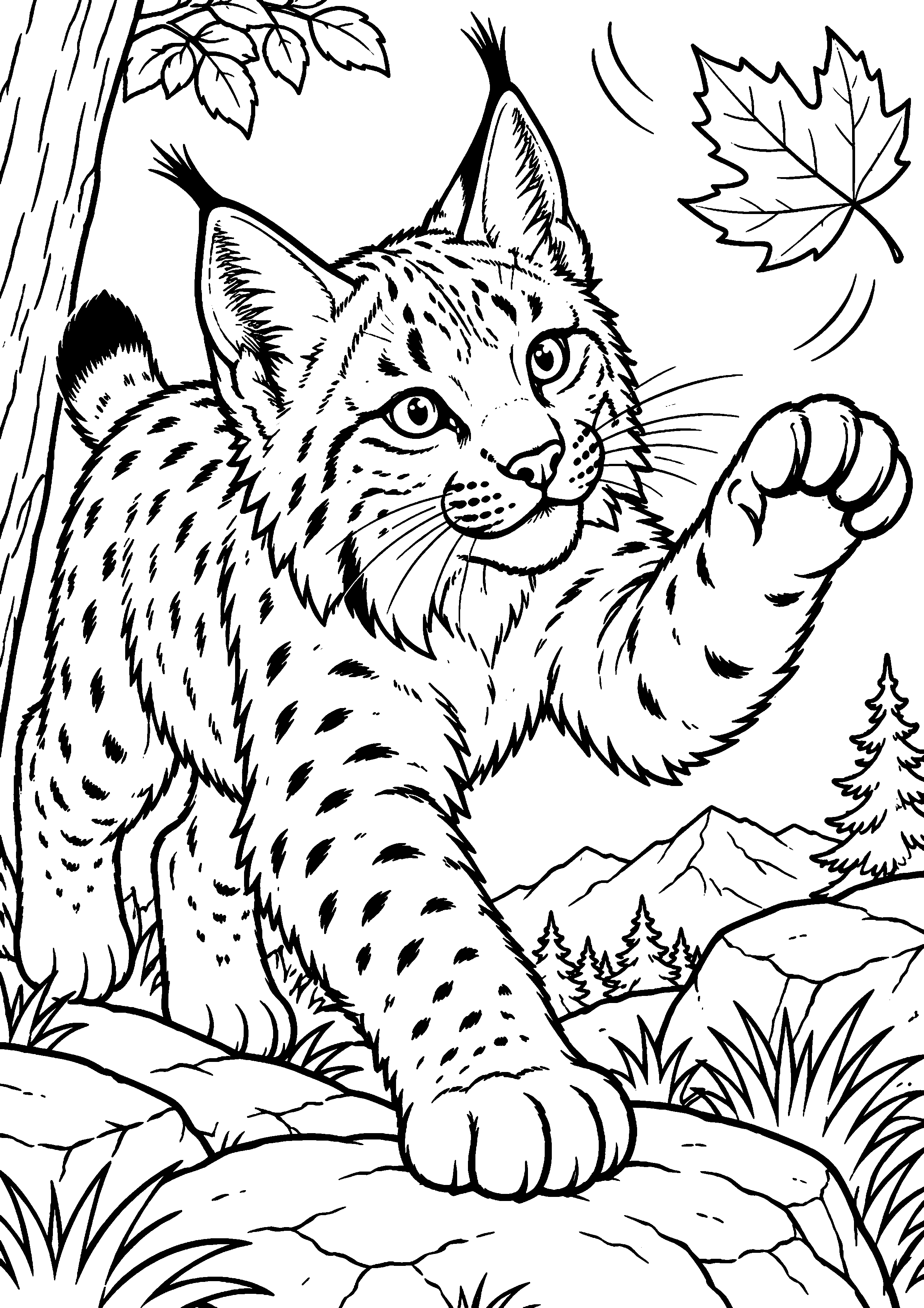 Grand coloriage d’un lynx dans une végétation simple, contours noirs nets sur fond blanc