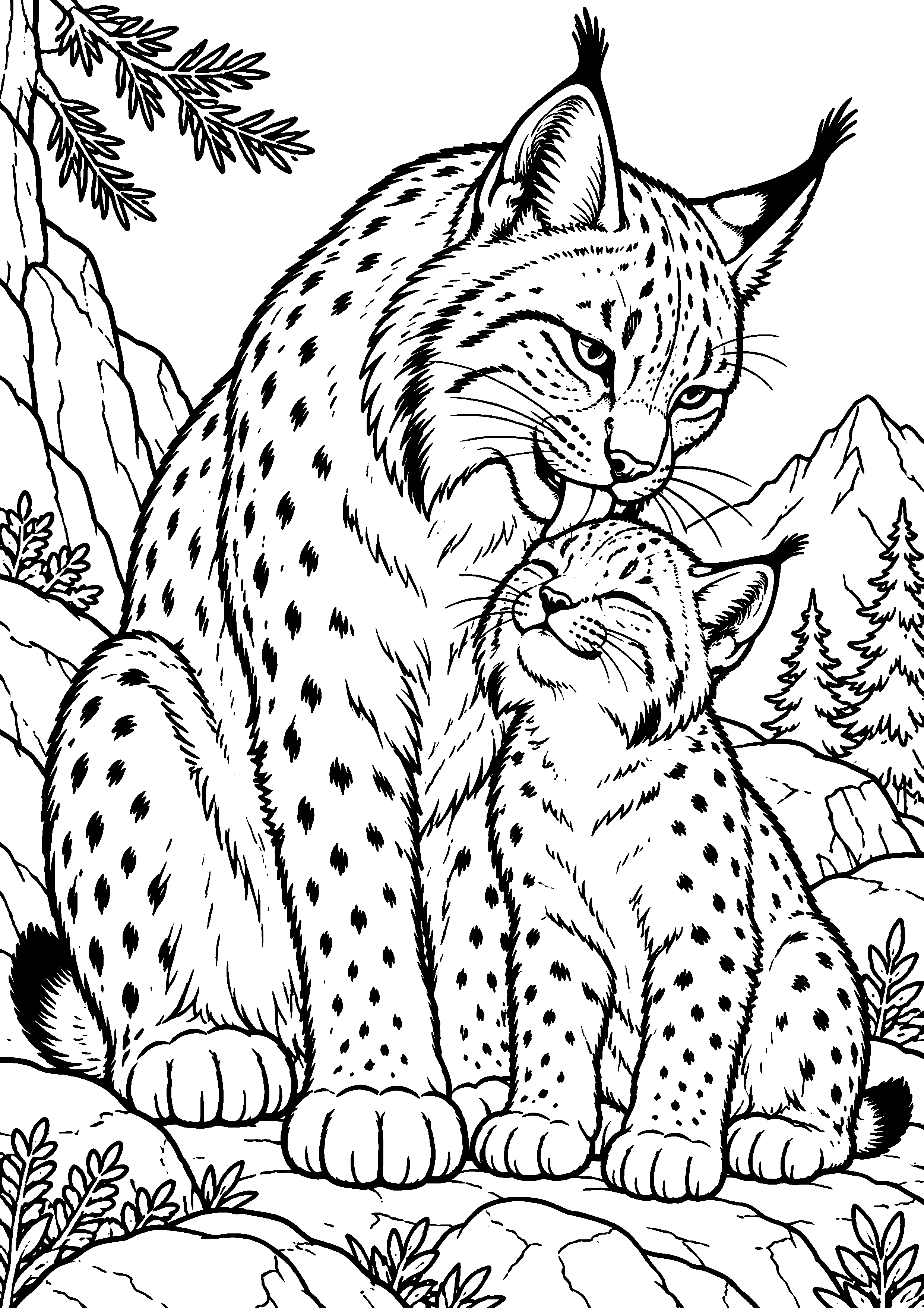 Grand coloriage d’un lynx en portrait détaillé montrant son pelage, contours noirs nets sur fond blanc