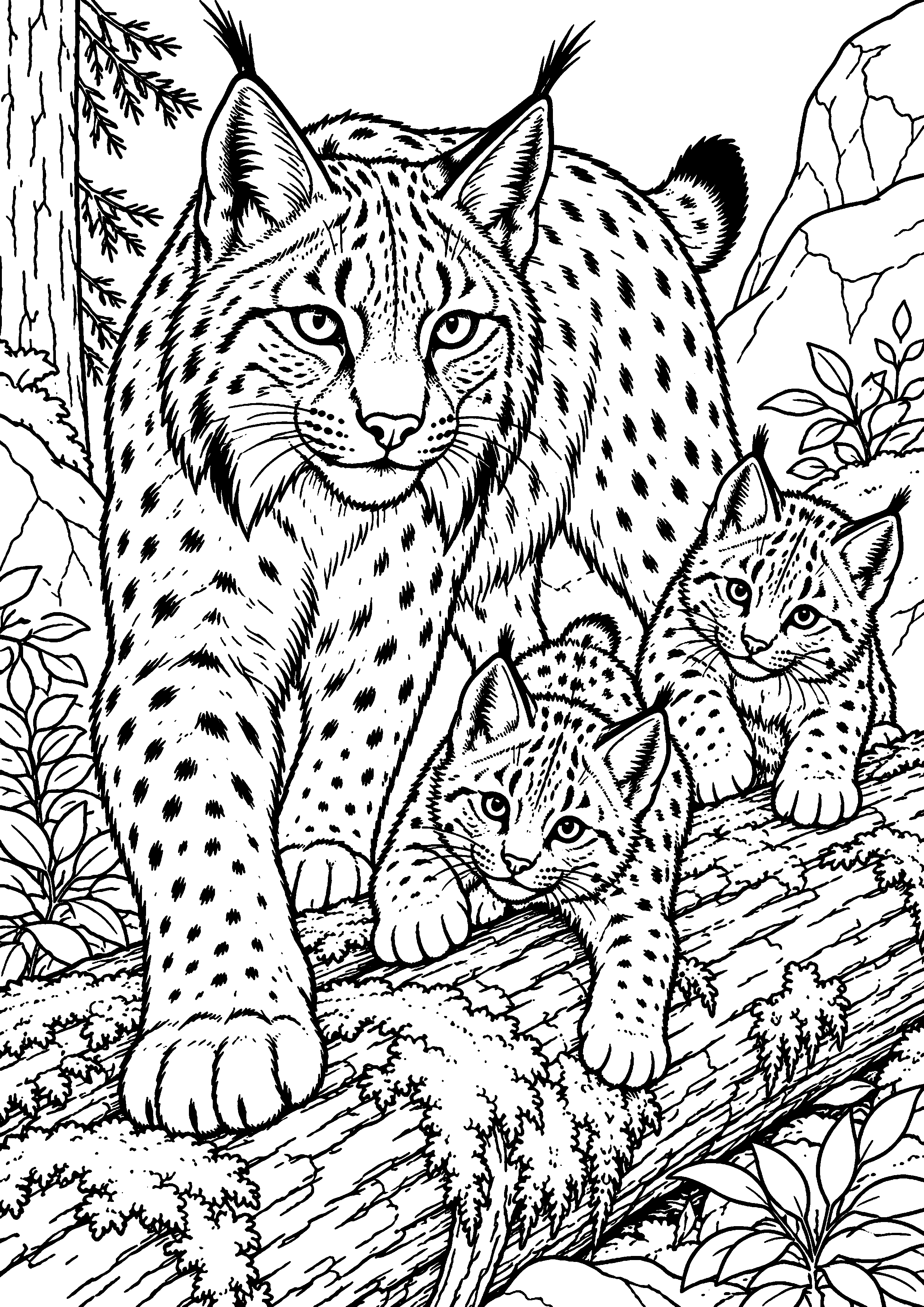 Grand coloriage d’un lynx dans son habitat naturel détaillé, contours noirs nets sur fond blanc