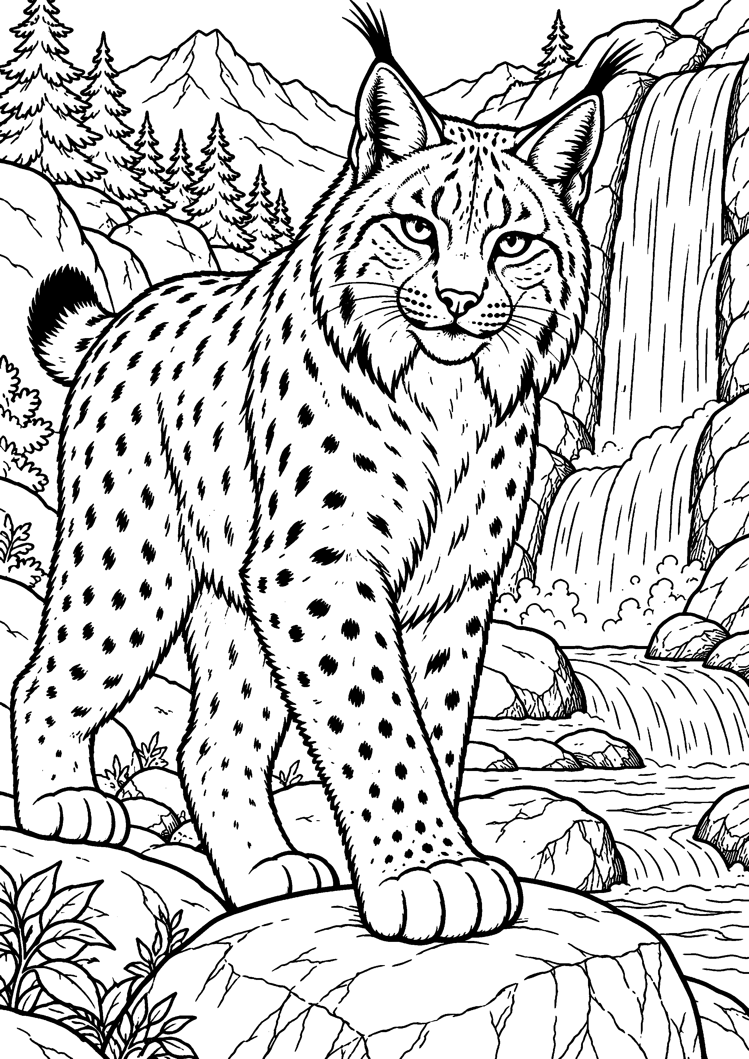 Grand coloriage d’un lynx en mouvement vu de trois quarts, contours noirs nets sur fond blanc