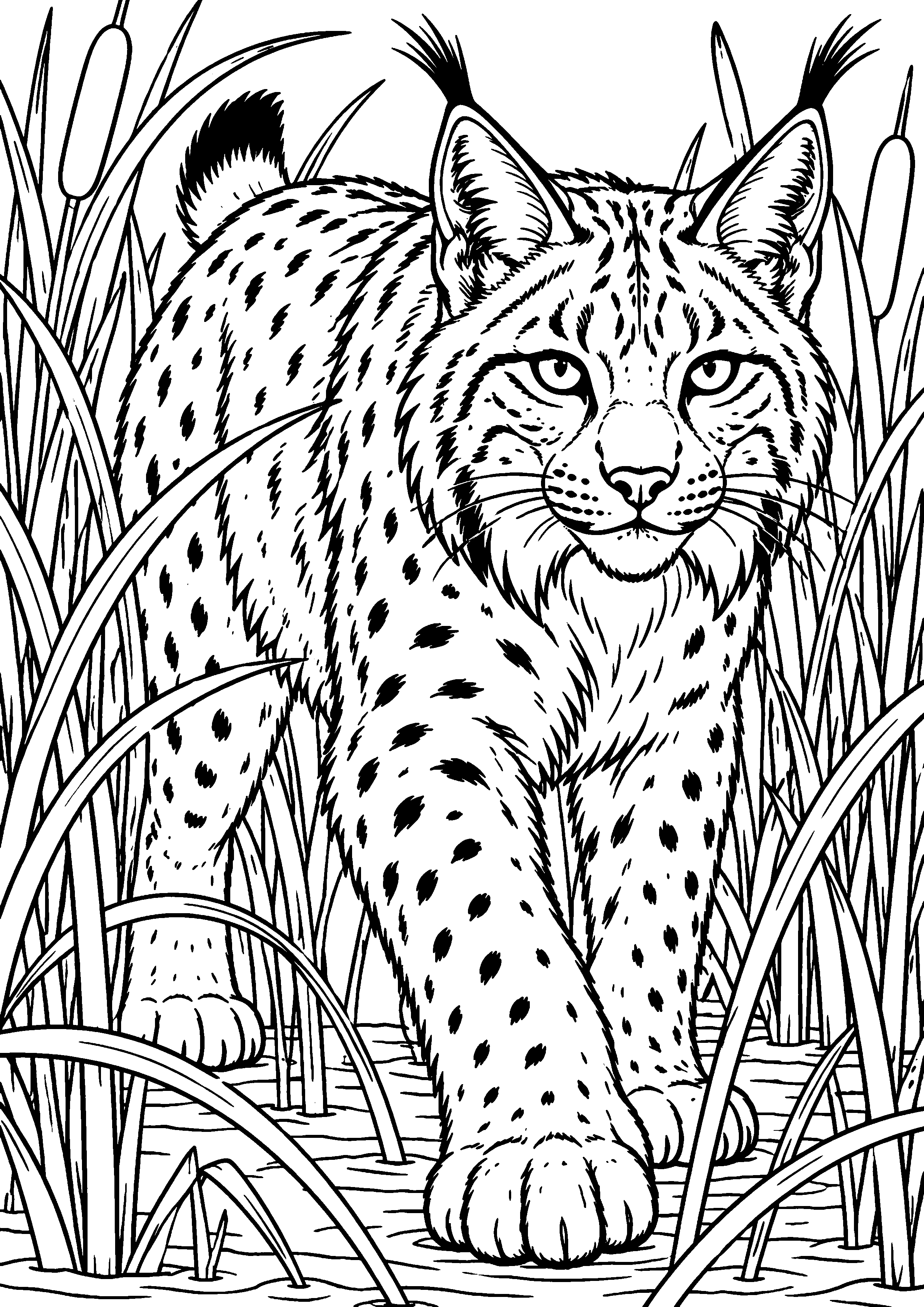 Grand coloriage d’un lynx interagissant avec un congénère, contours noirs nets sur fond blanc