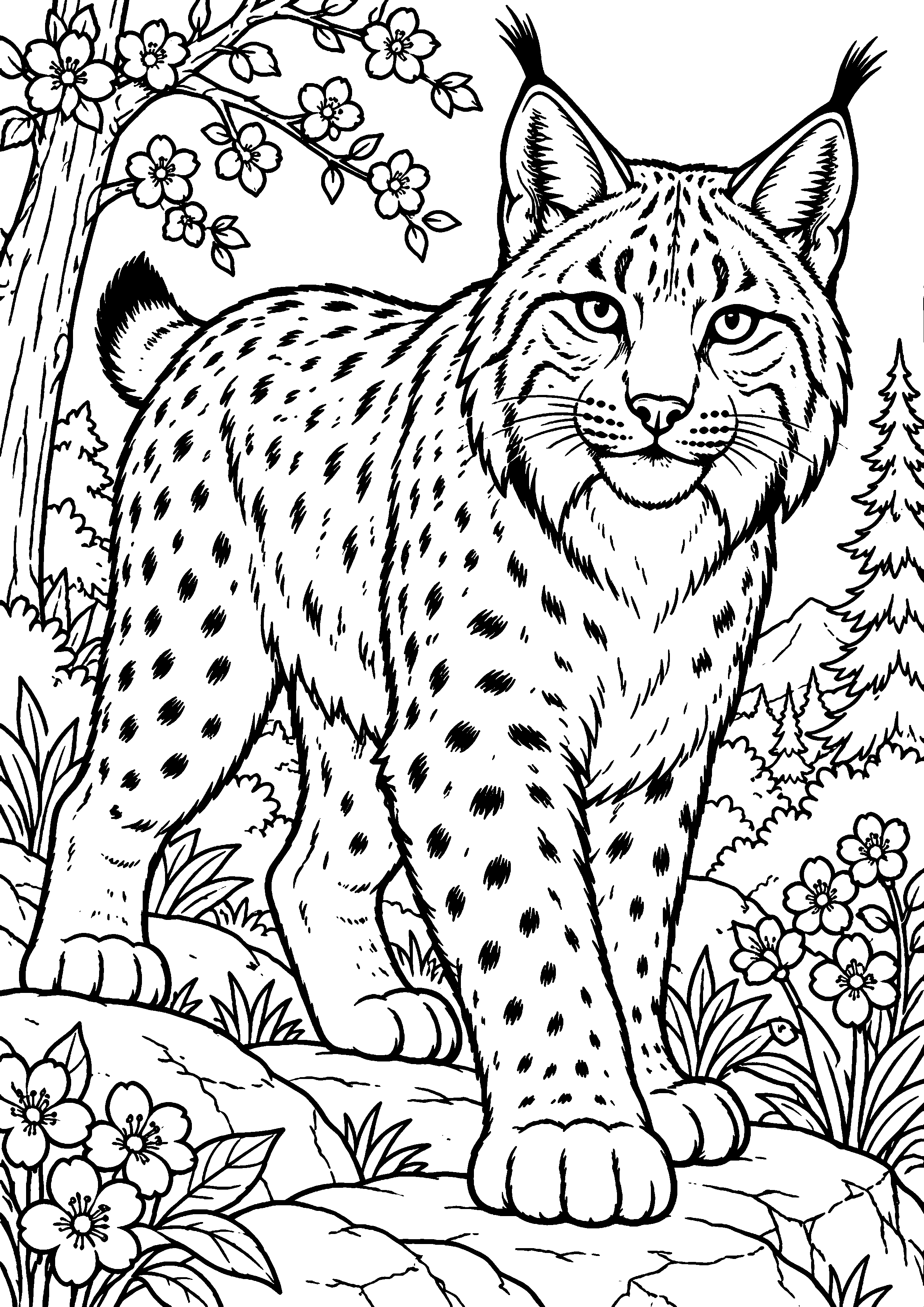 Grand coloriage d’un lynx avec deux petits qui jouent, contours noirs nets sur fond blanc