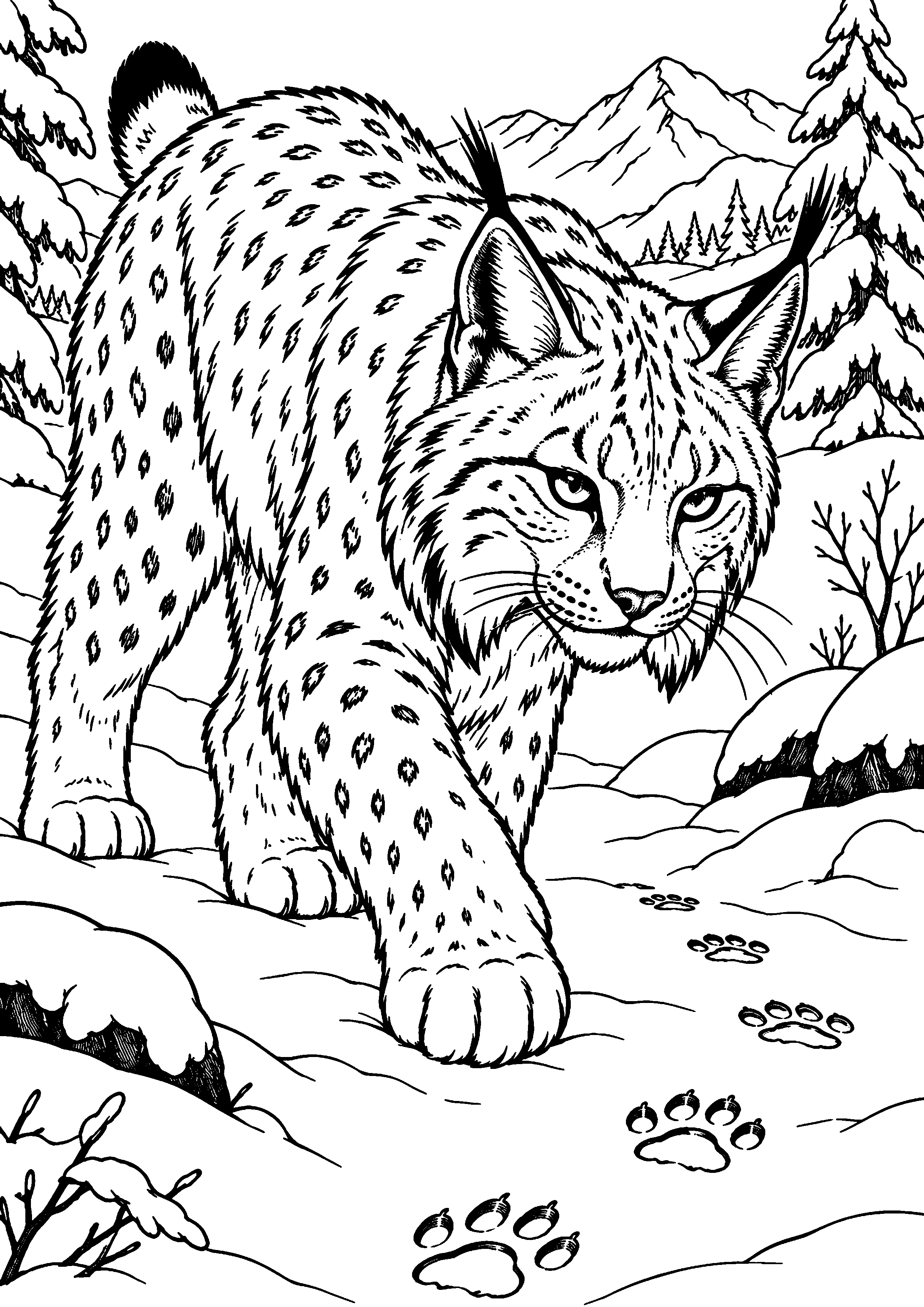 Grand coloriage d’un lynx transportant un élément naturel, contours noirs nets sur fond blanc
