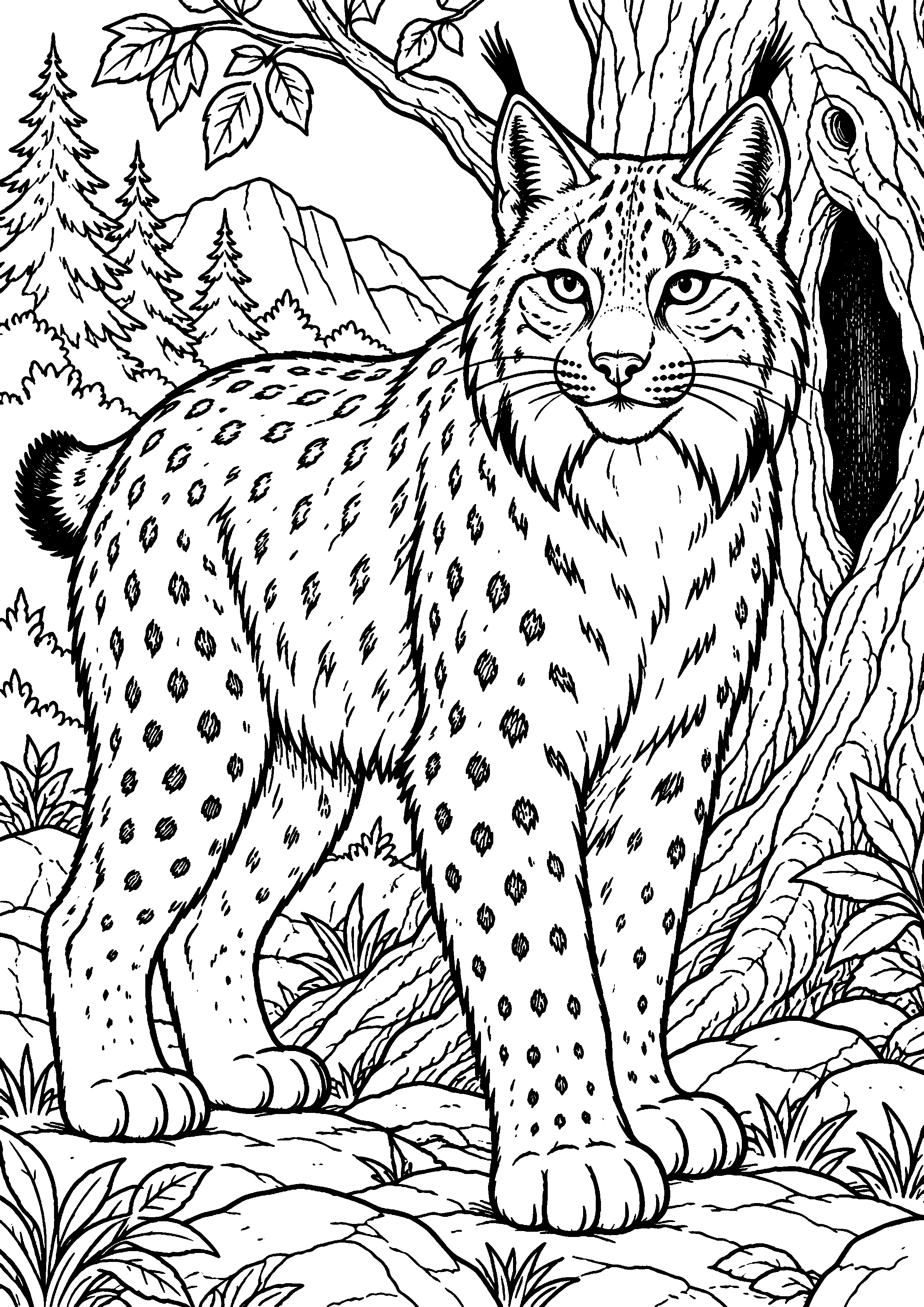 Grand coloriage d’un lynx écoutant un bruit dans son habitat, contours noirs nets sur fond blanc