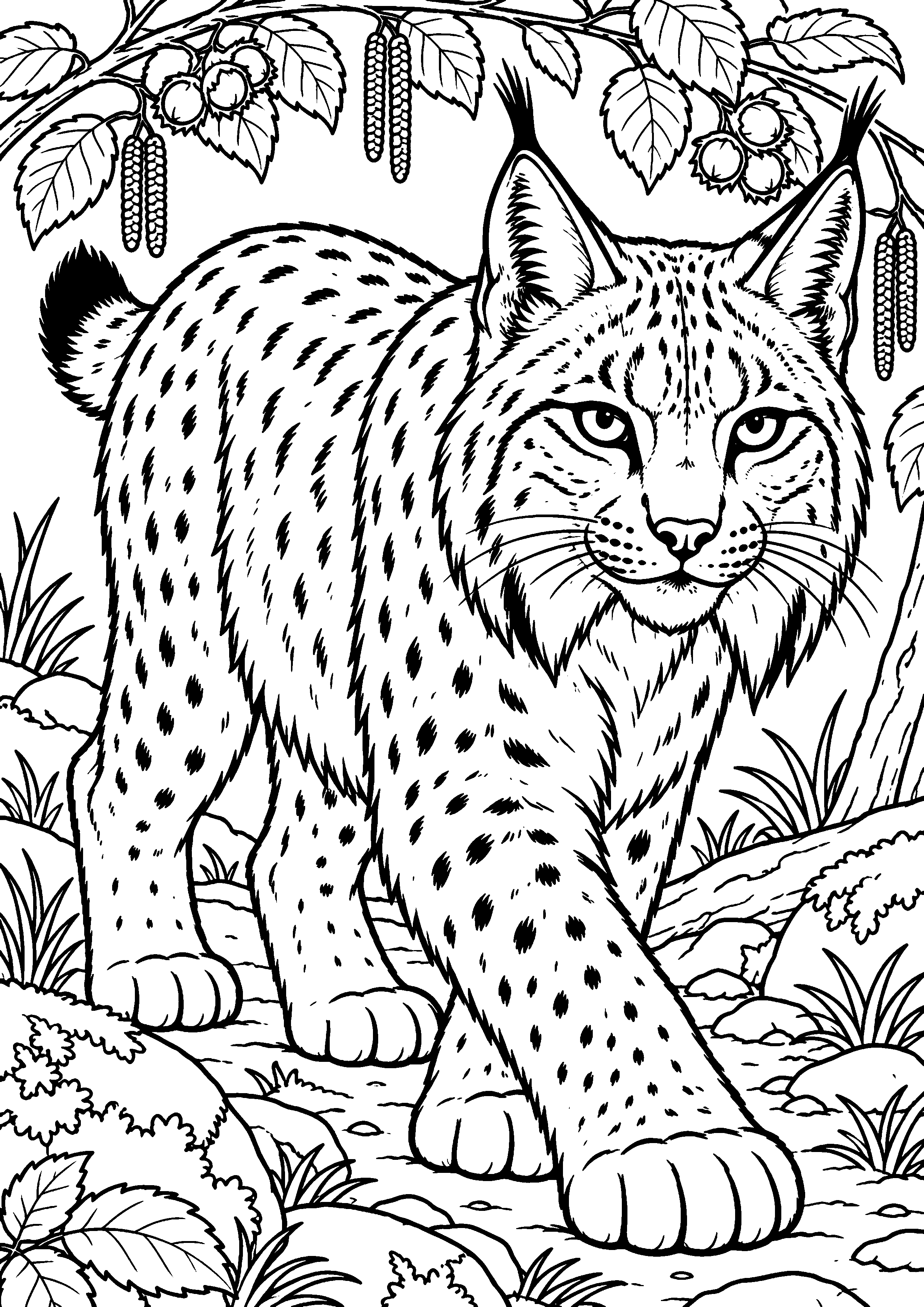 Grand coloriage d’un lynx devant un paysage naturel simplifié, contours noirs nets sur fond blanc