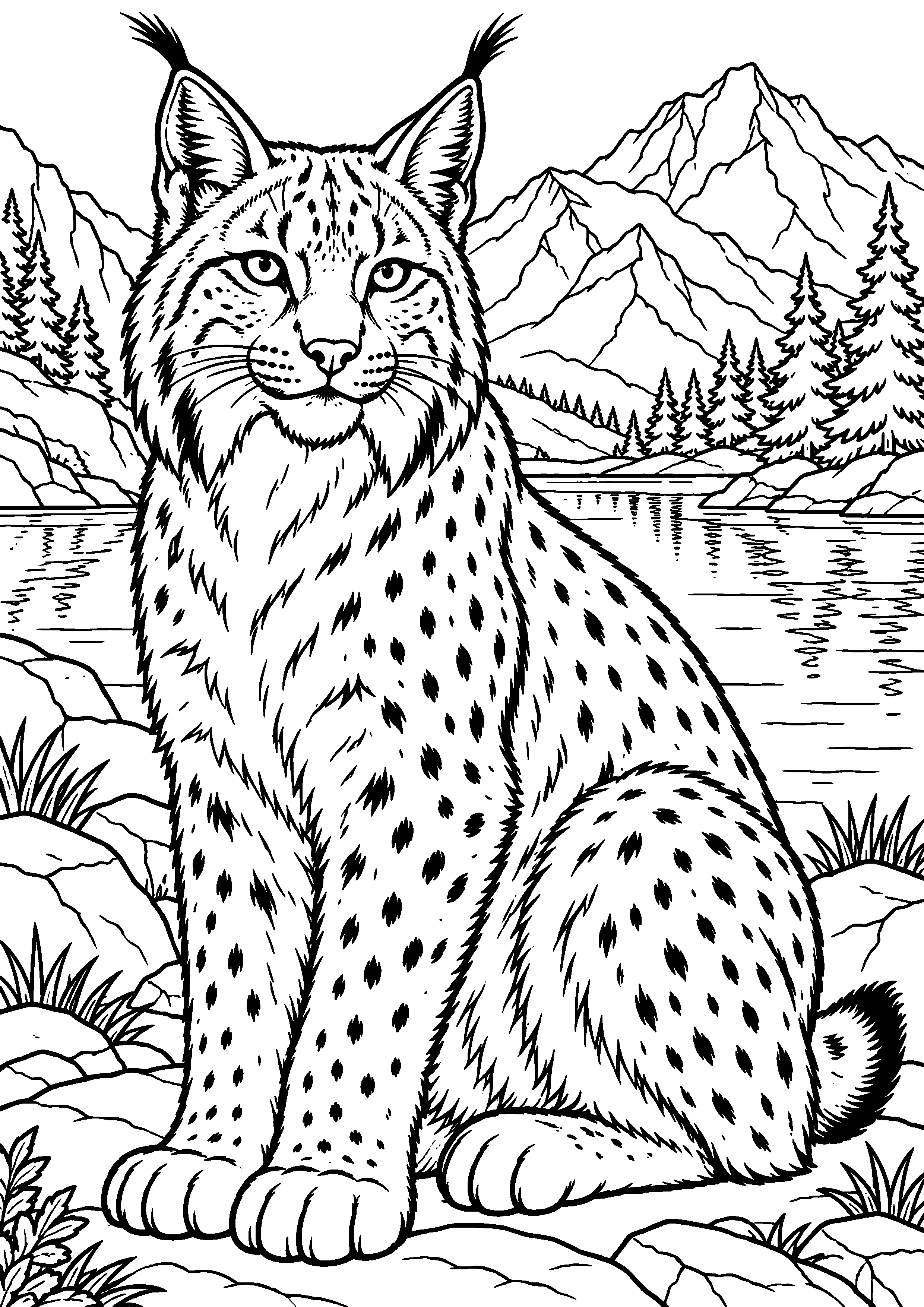 Grand coloriage d’un lynx dans une composition naturaliste détaillée, contours noirs nets sur fond blanc