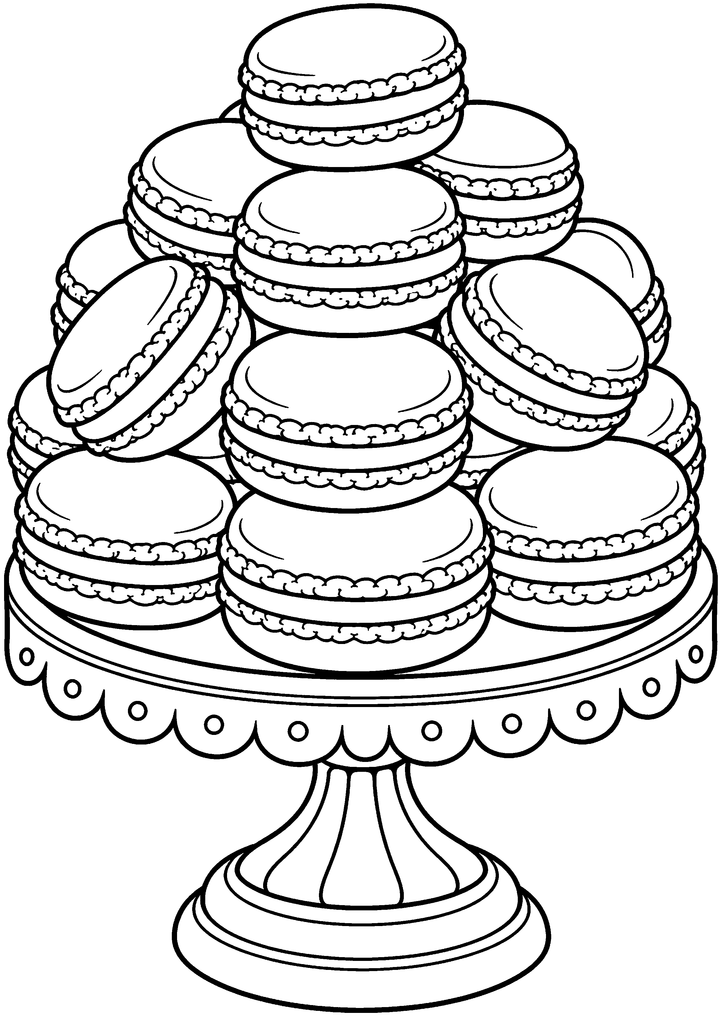 Grand coloriage d’un macaron coupé pour montrer sa garniture, contours noirs nets sur fond blanc