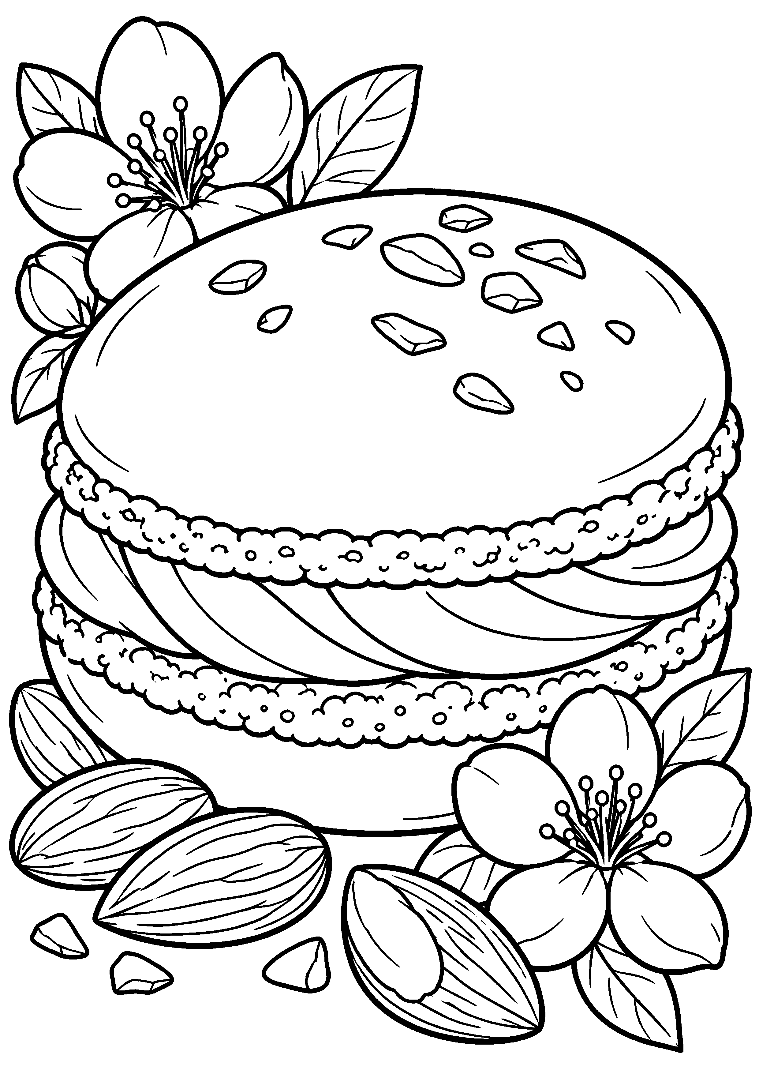 Grand coloriage d’un macaron entier avec une moitié au premier plan, contours noirs nets sur fond blanc