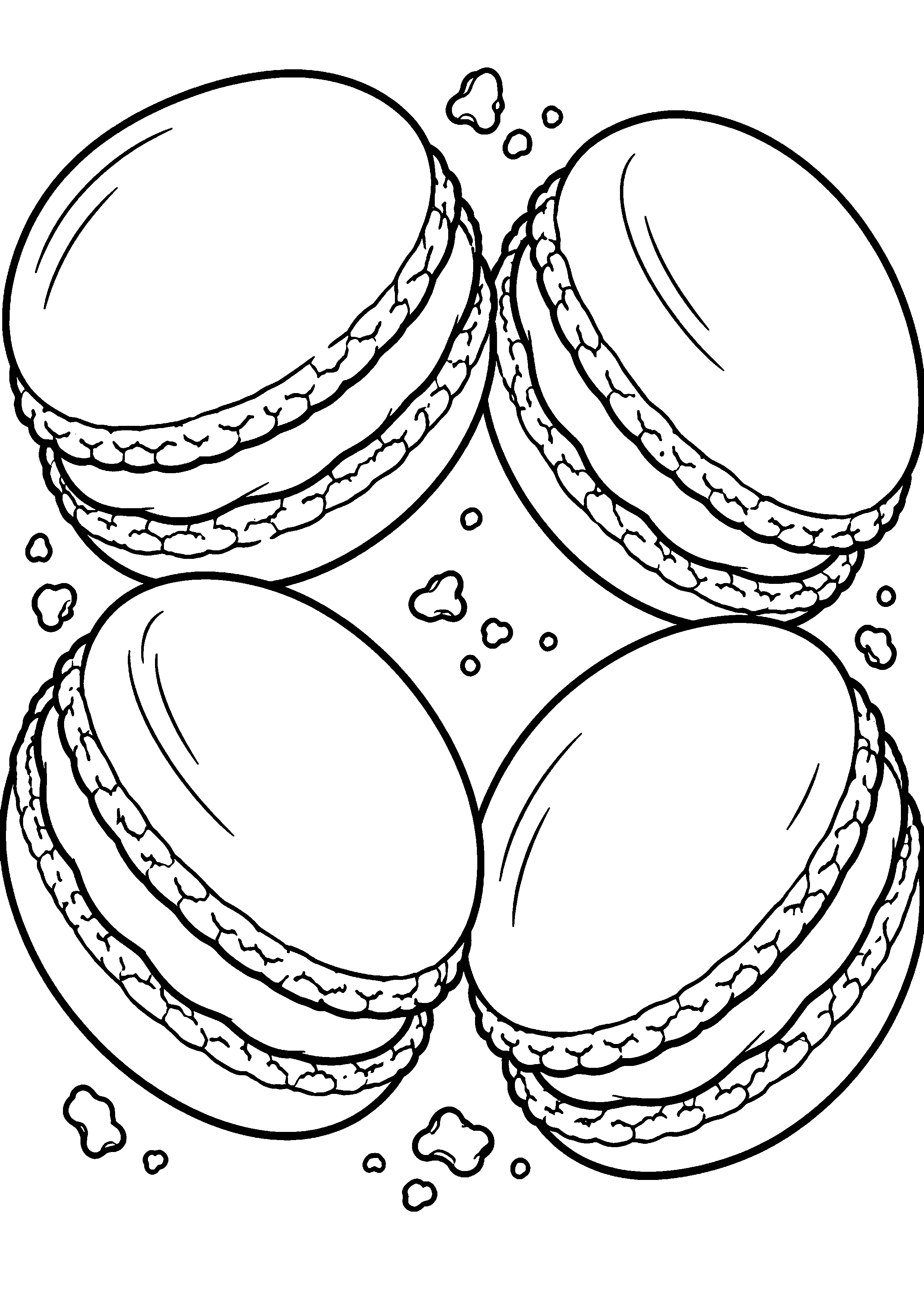 Grand coloriage d’un macaron en trio équilibré pleine page, contours noirs nets sur fond blanc